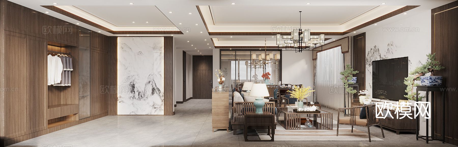 宋式新中式大平层家装风格效果图下载（渲染图1）