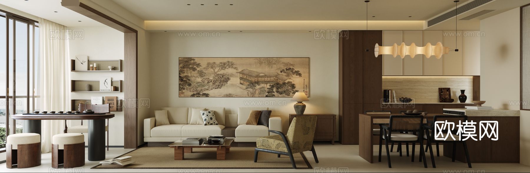 宋式新中式大平层家装风格效果图下载（渲染图1）