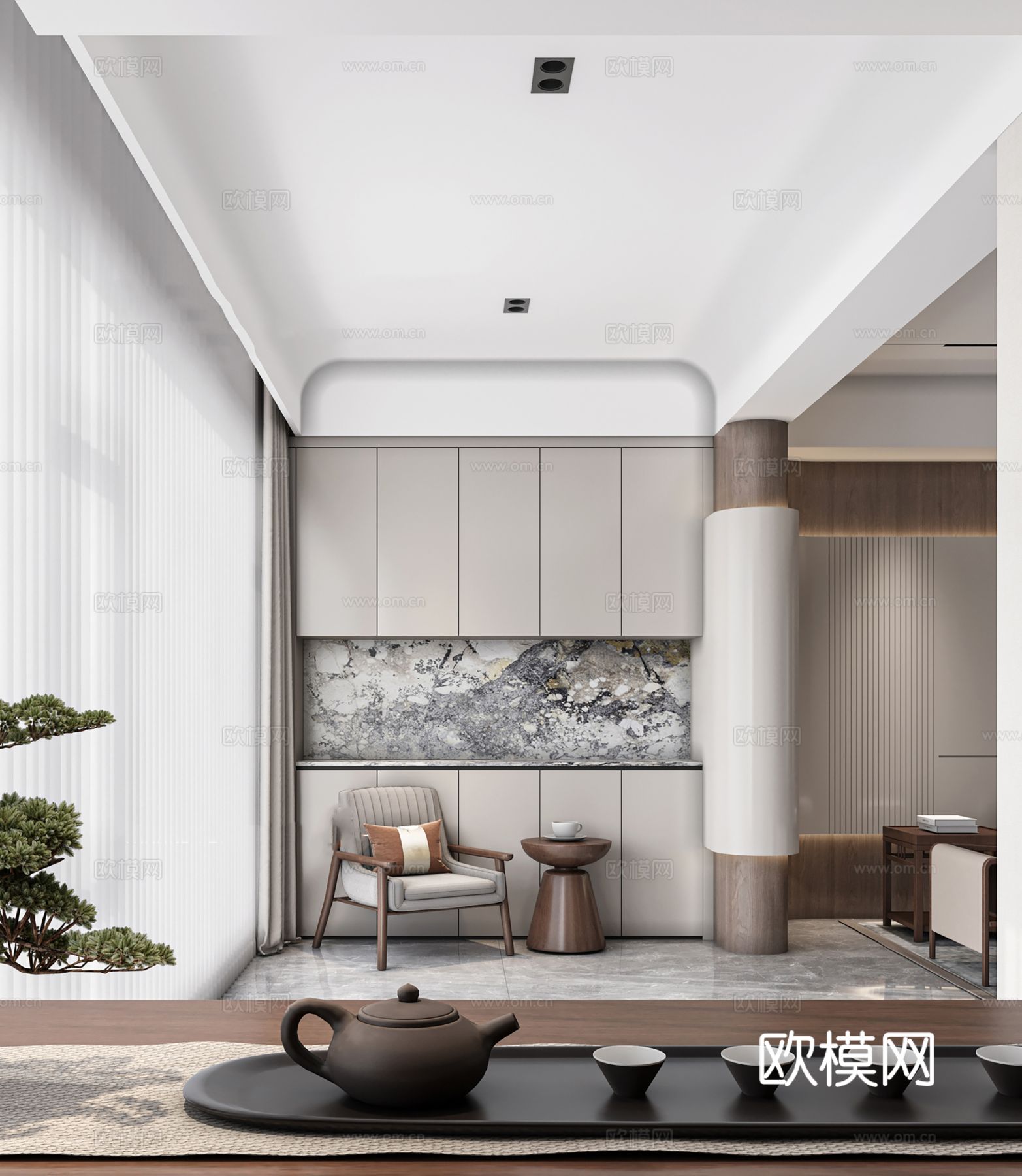 宋式新中式大平层家装风格效果图下载（渲染图3）