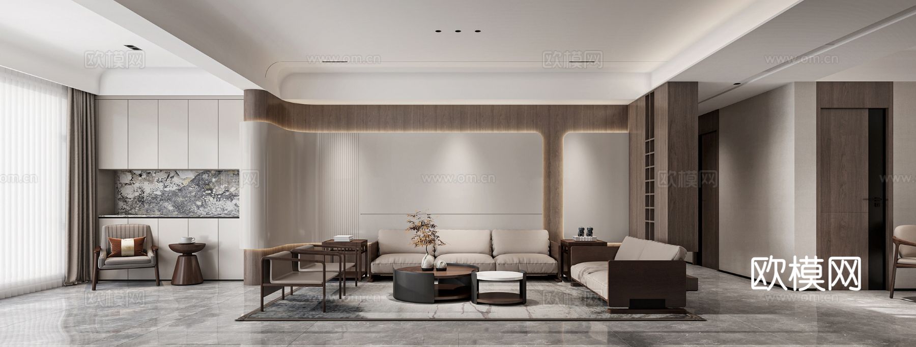 宋式新中式大平层家装风格效果图下载（渲染图1）