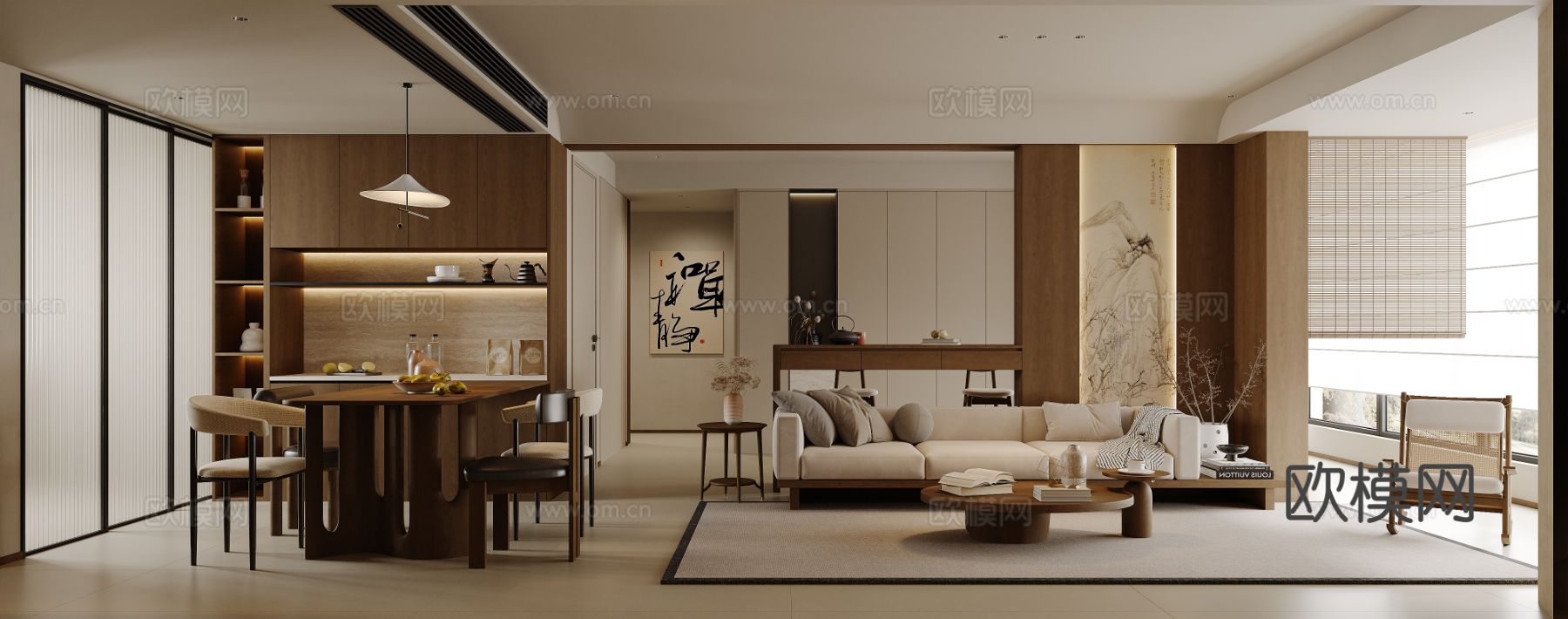 宋式新中式大平层家装风格效果图下载（渲染图1）