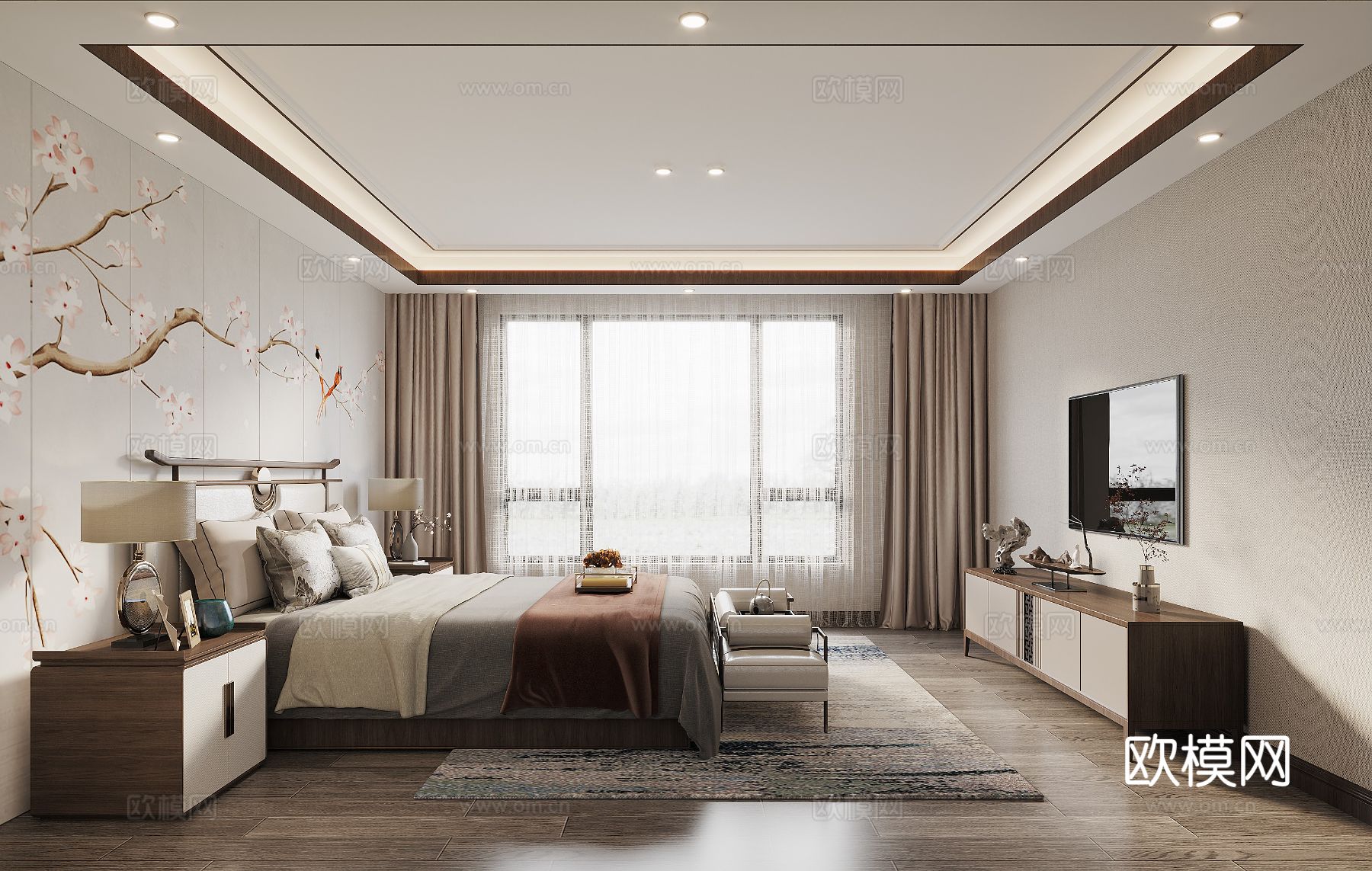 宋式新中式大平层家装风格效果图下载（渲染图3）