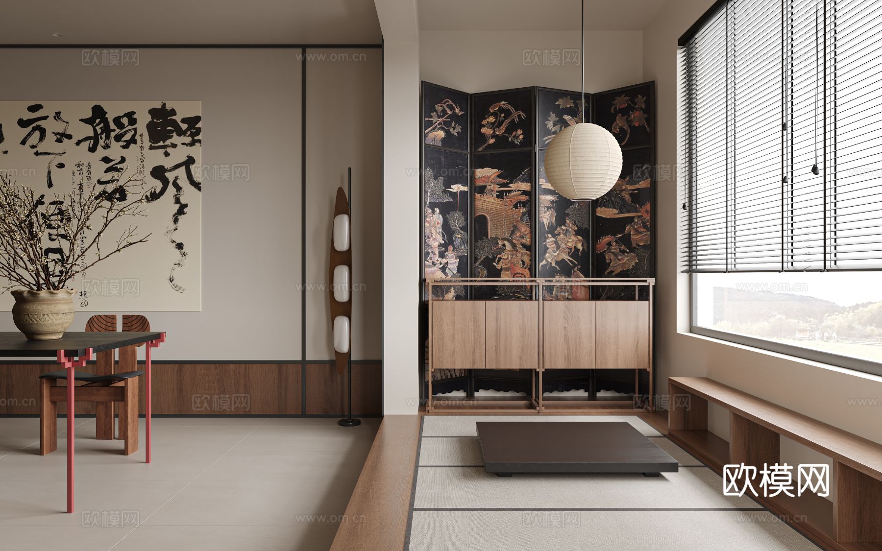 宋式新中式大平层家装风格效果图下载（渲染图4）