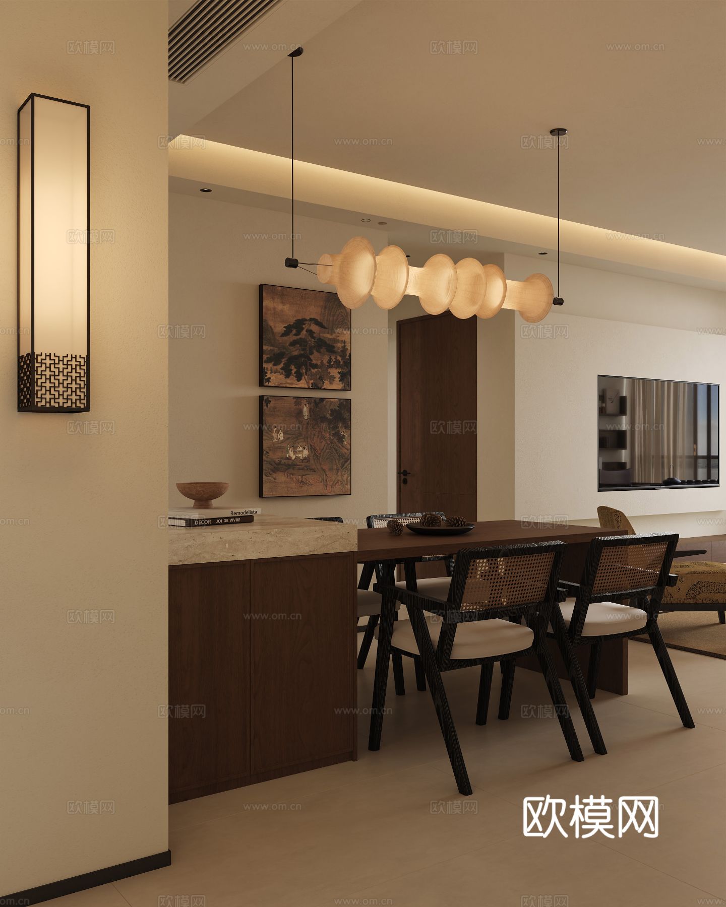 宋式新中式大平层家装风格效果图下载（渲染图6）