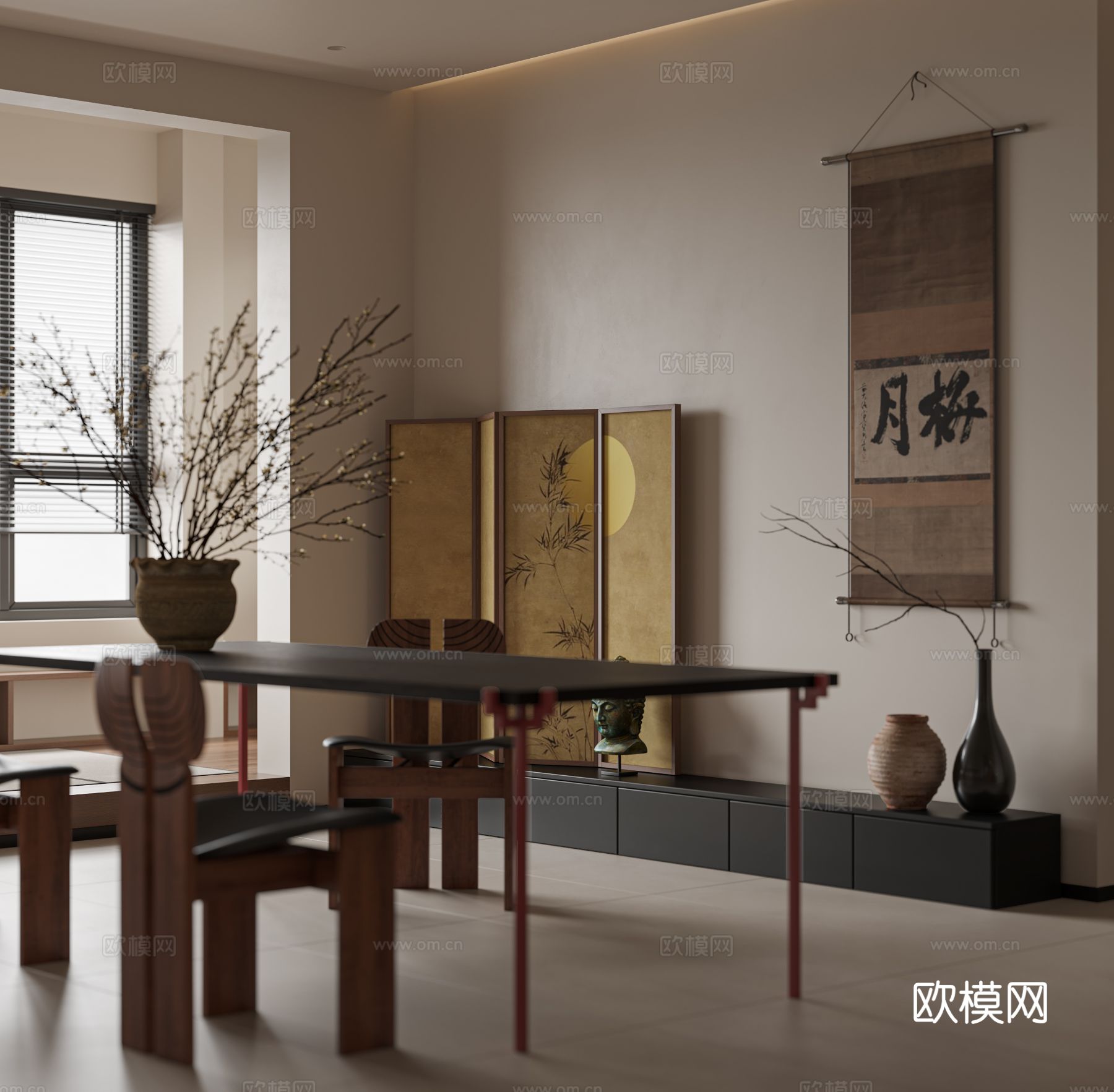 宋式新中式大平层家装风格效果图下载（渲染图3）