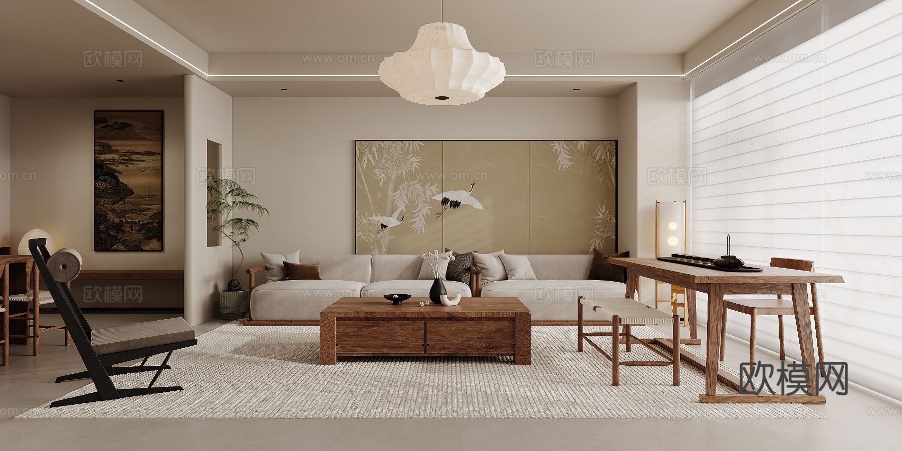 宋式新中式大平层家装风格效果图下载（渲染图1）