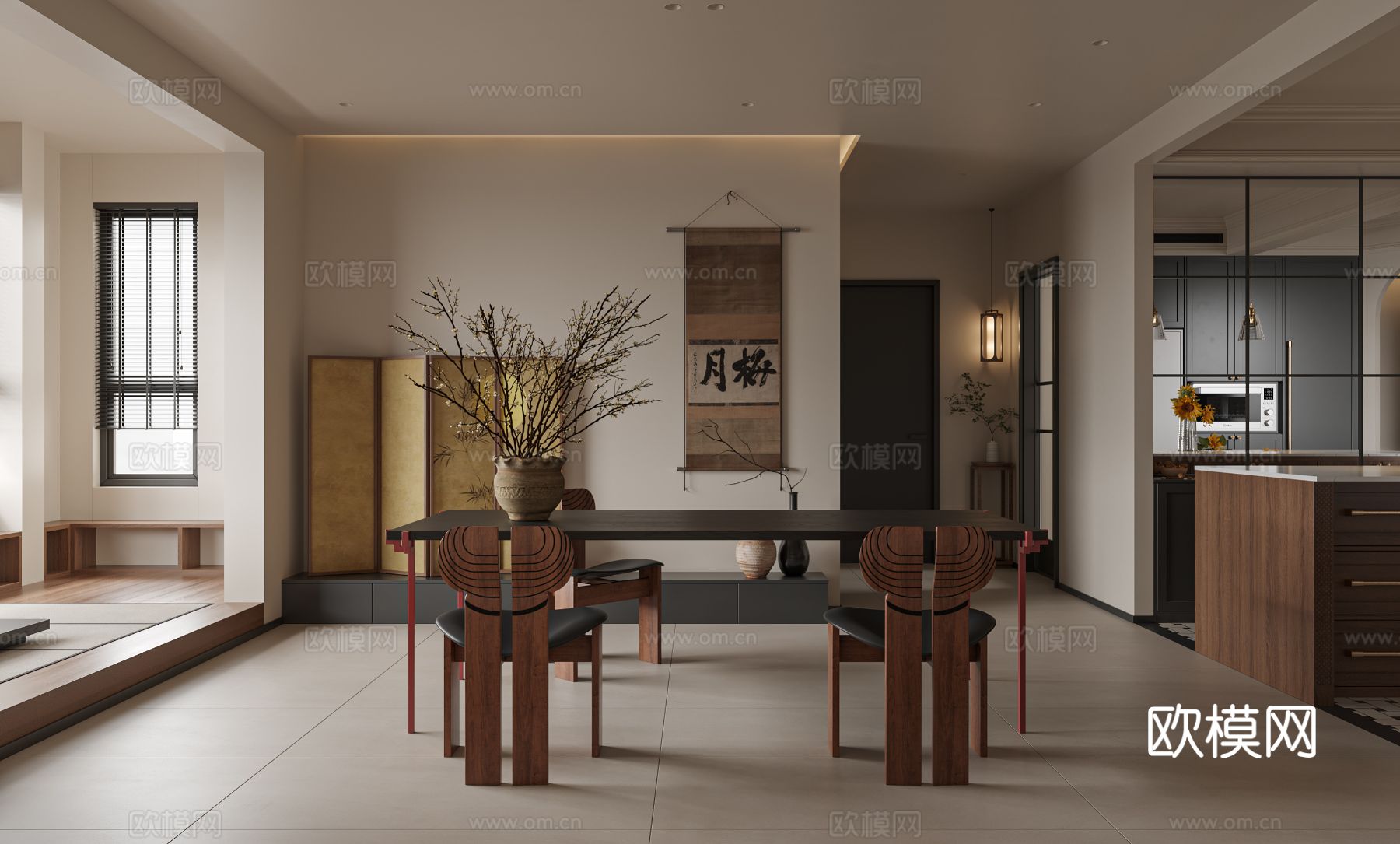 宋式新中式大平层家装风格效果图下载（渲染图1）