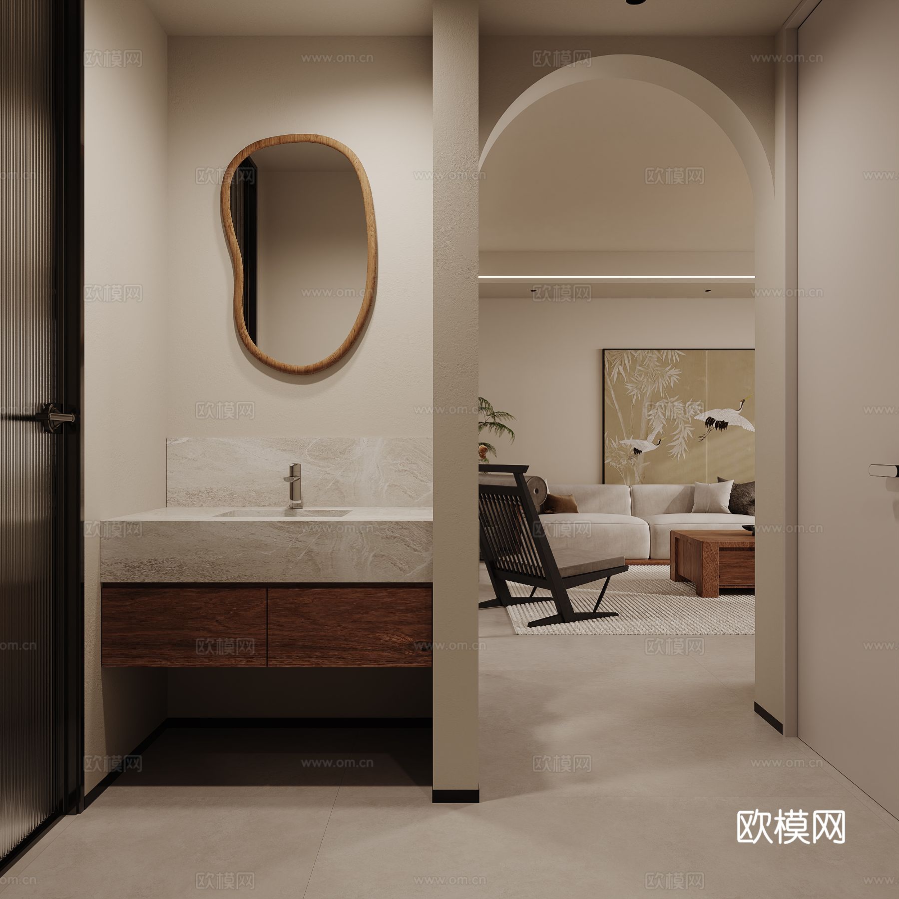 宋式新中式大平层家装风格效果图下载（渲染图2）