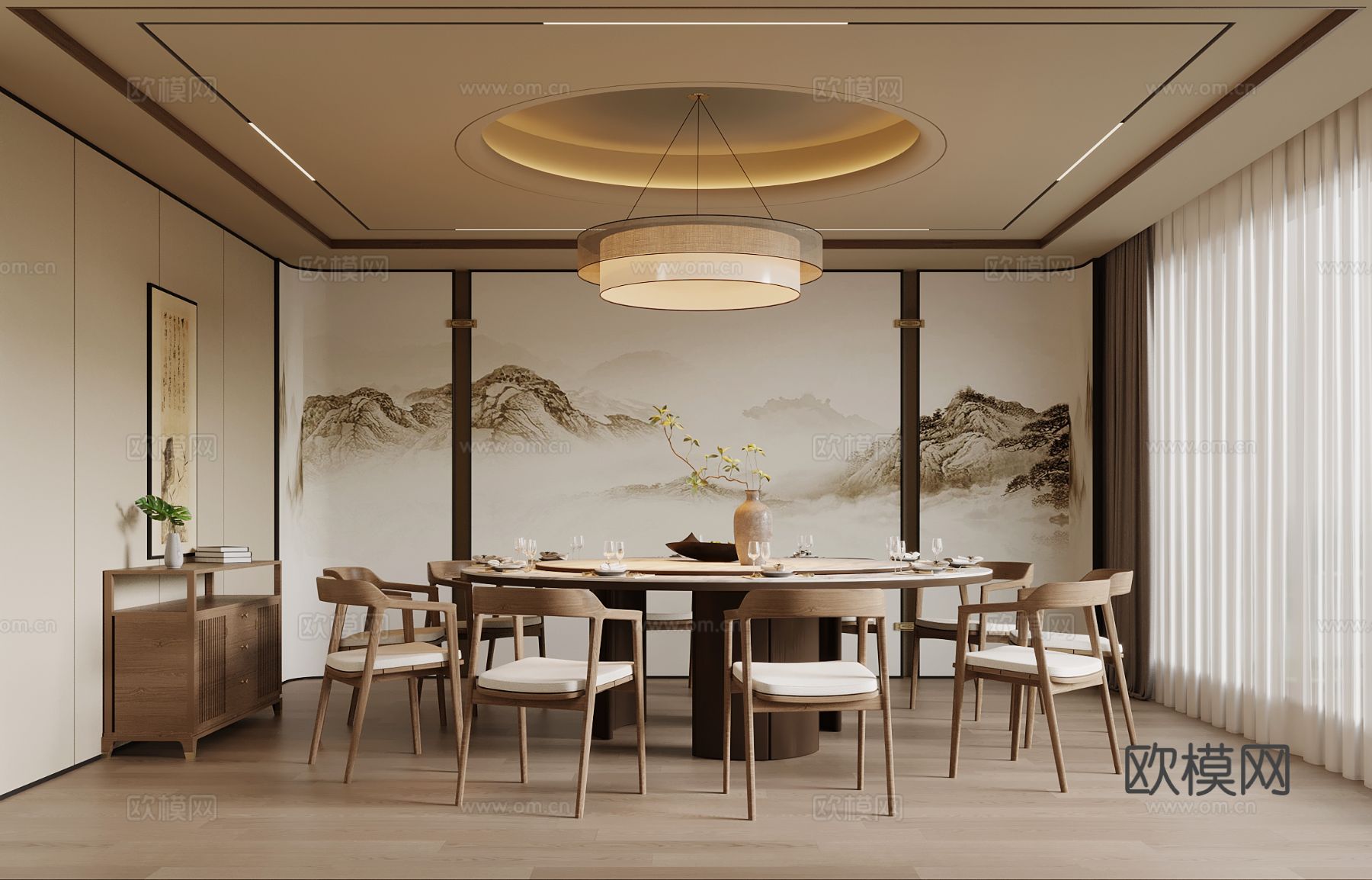 新中式包间 餐饮包厢 圆餐桌椅3d模型
