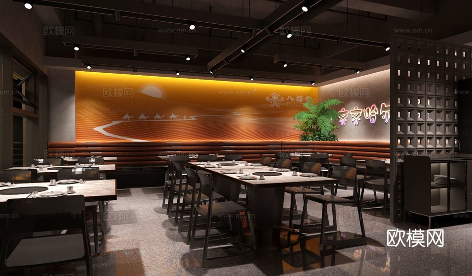 工業(yè)風(fēng)火鍋店烤肉門店餐廳效果圖下載(渲染圖1)