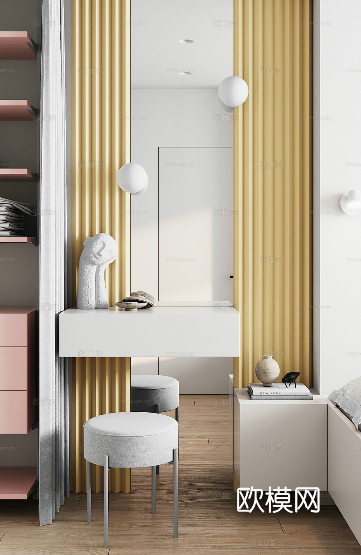 现代极简大平层 奶油  客厅卧室餐厅效果图下载（渲染图3）