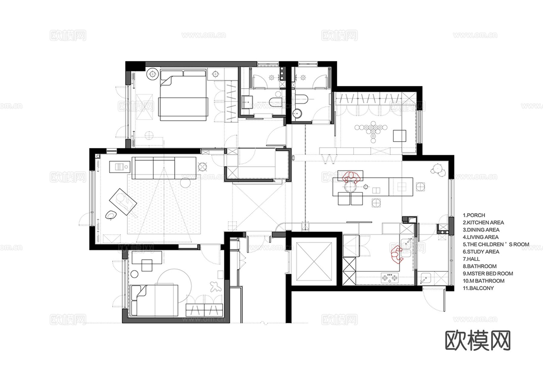 现代极简大平层 客厅卧室餐厅效果图下载（渲染图2）