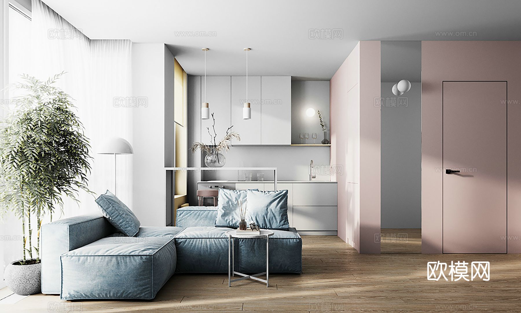 现代极简大平层 奶油  客厅卧室餐厅效果图下载（渲染图1）