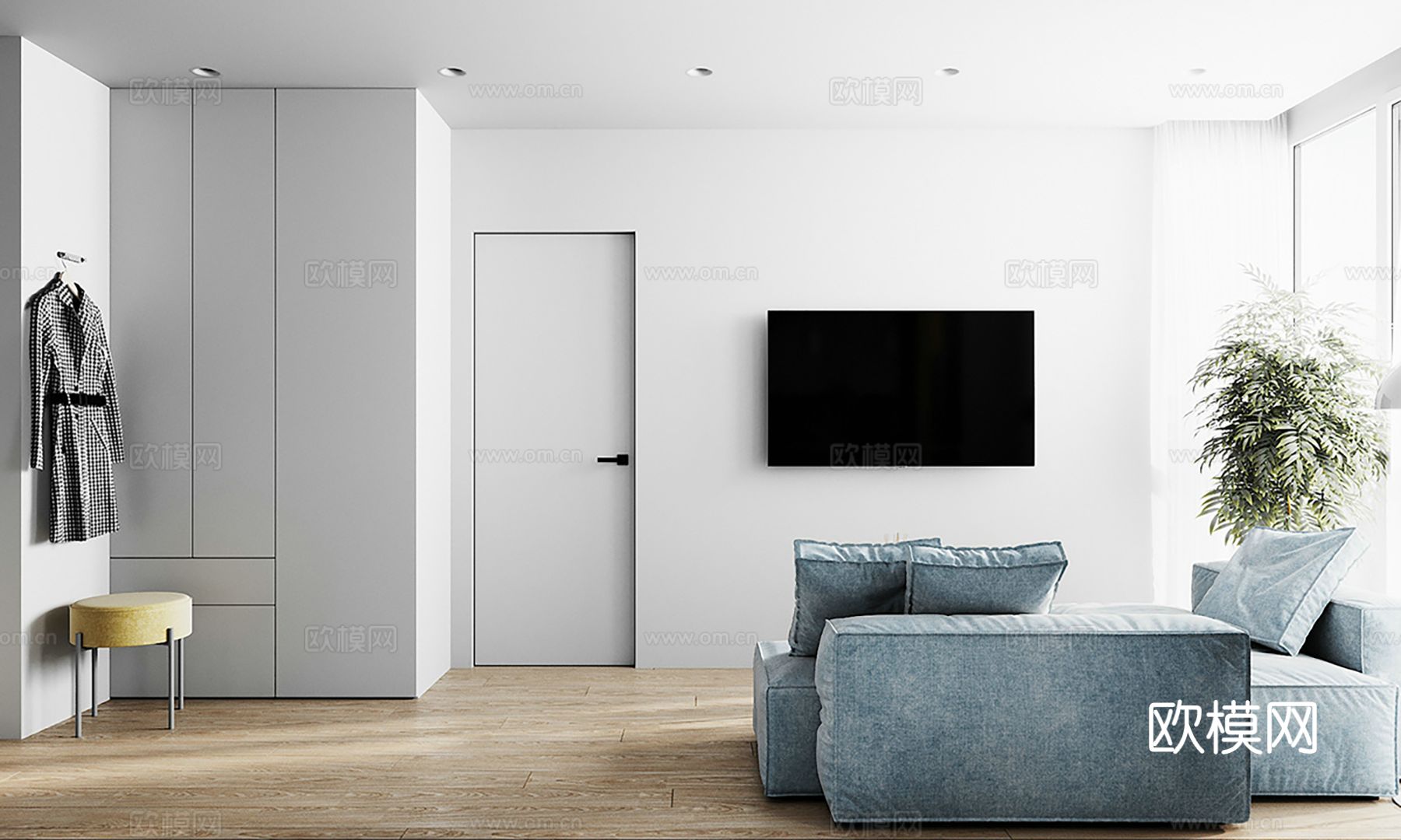 现代极简大平层 奶油  客厅卧室餐厅效果图下载（渲染图2）