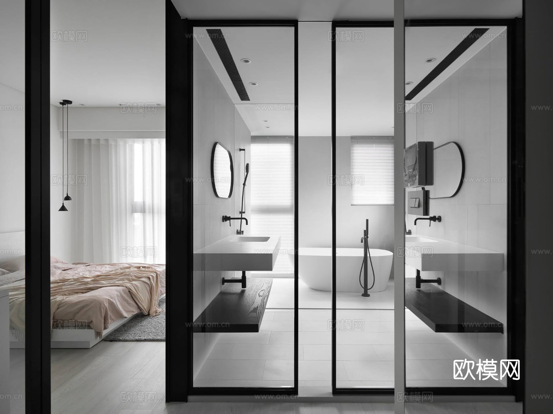 现代极简大平层家装 客厅卧室餐厅 黑白灰高级效果图下载（渲染图7）