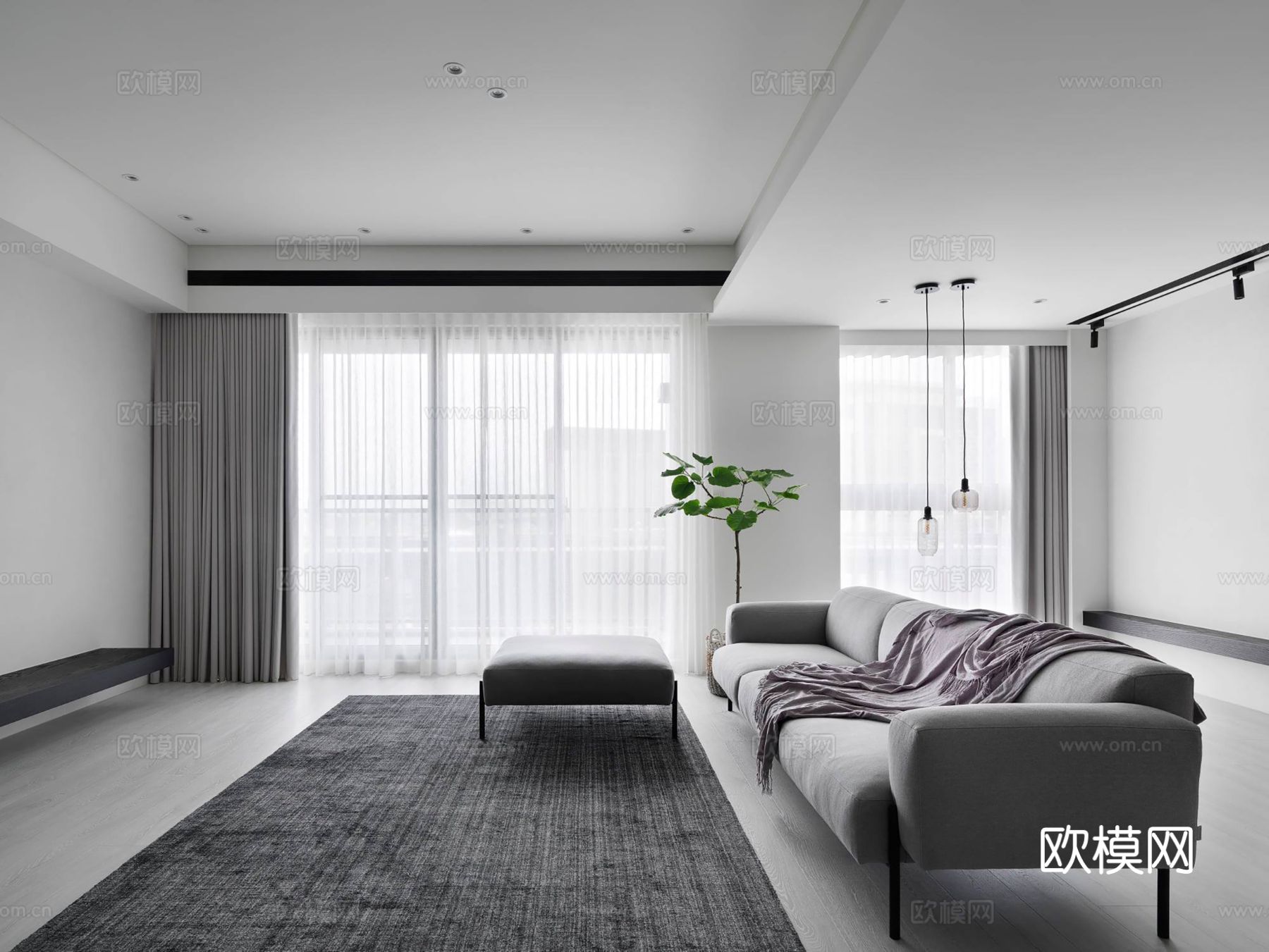 现代极简大平层家装 客厅卧室餐厅 黑白灰高级效果图下载（渲染图1）