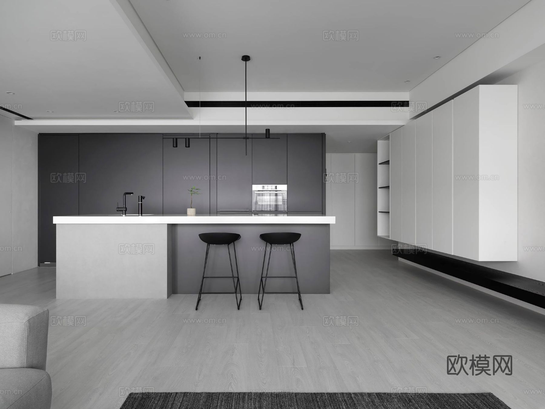 现代极简大平层家装 客厅卧室餐厅 黑白灰高级效果图下载（渲染图3）
