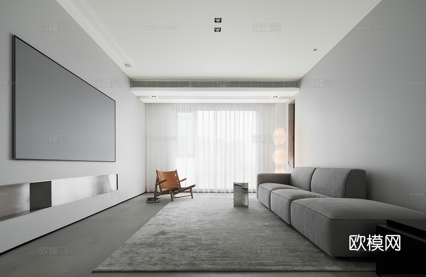 现代极简大平层 客厅卧室餐厅效果图下载（渲染图1）