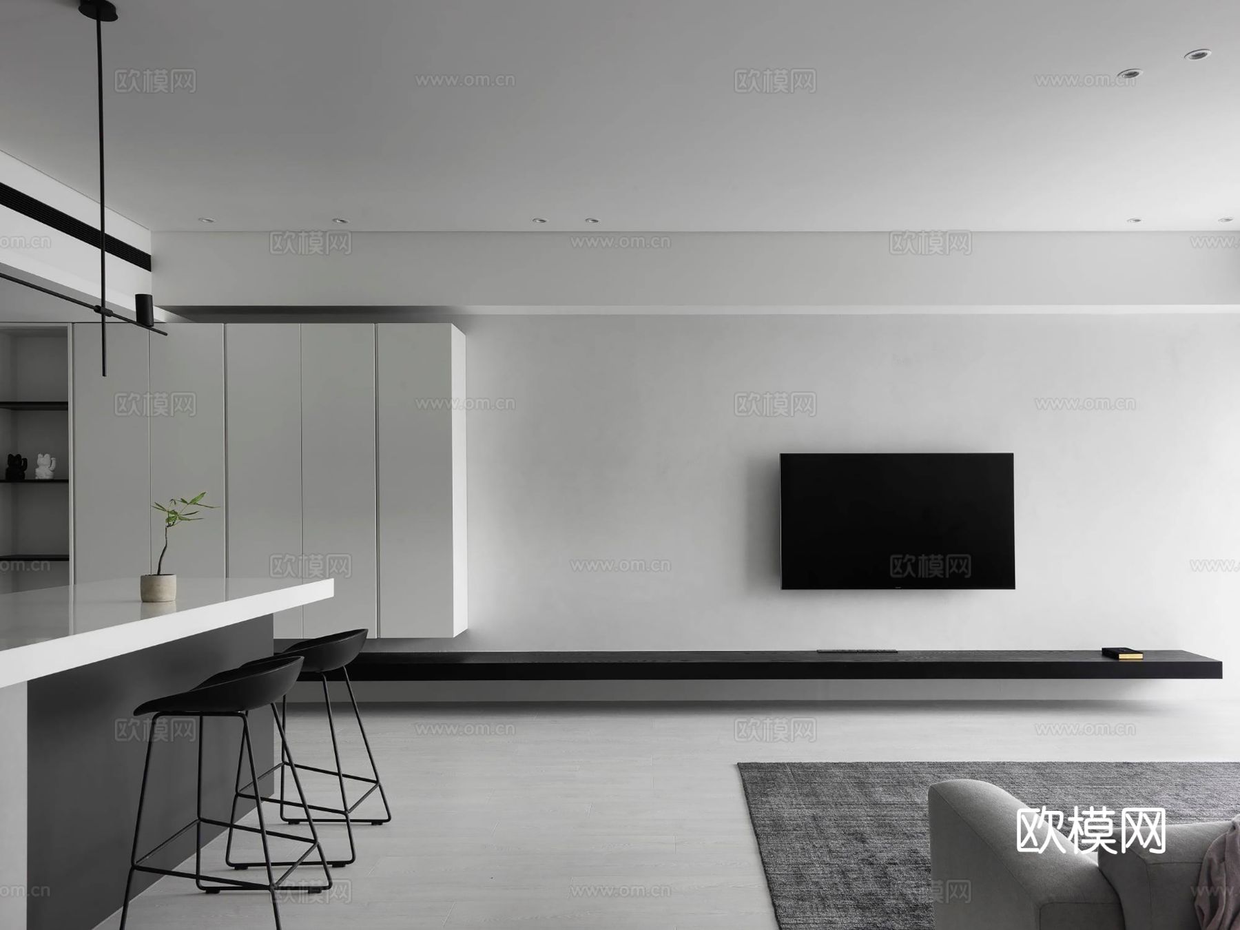 现代极简大平层家装 客厅卧室餐厅 黑白灰高级效果图下载（渲染图4）