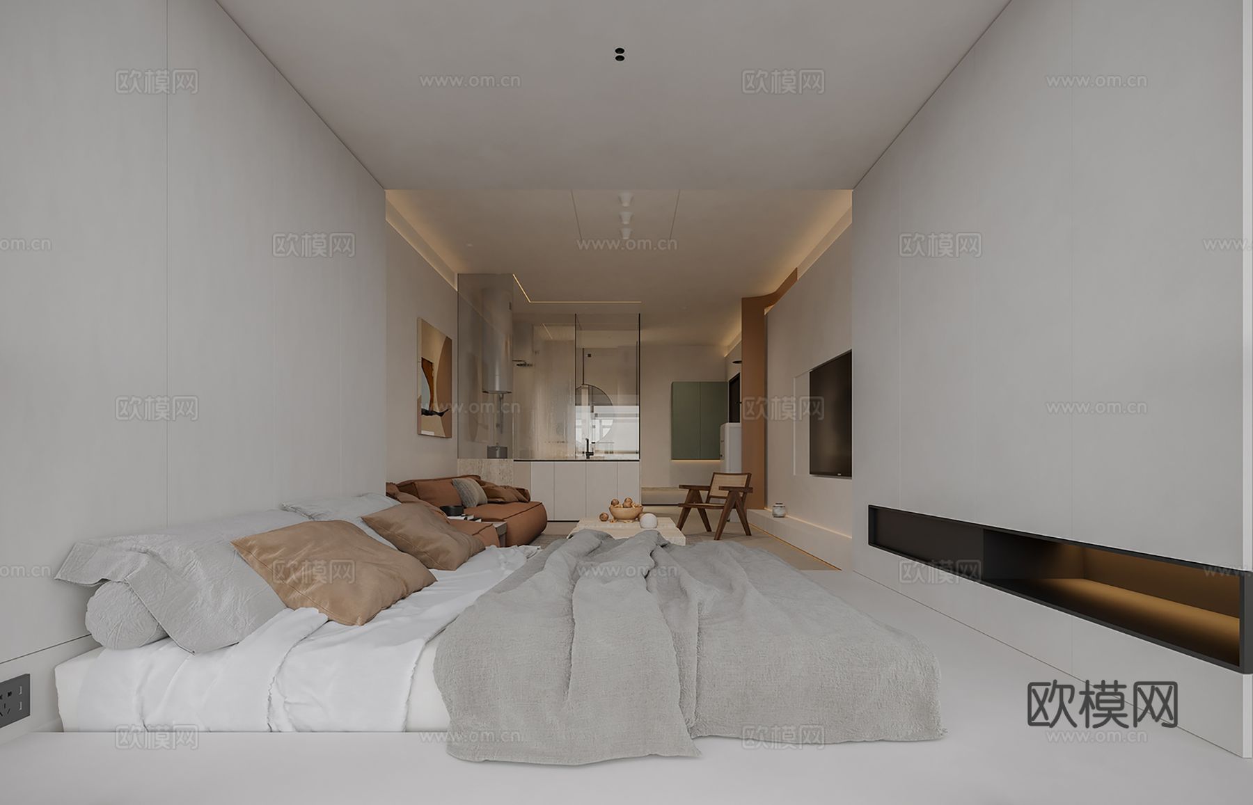 现代极简大平层 客厅卧室餐厅效果图下载（渲染图6）