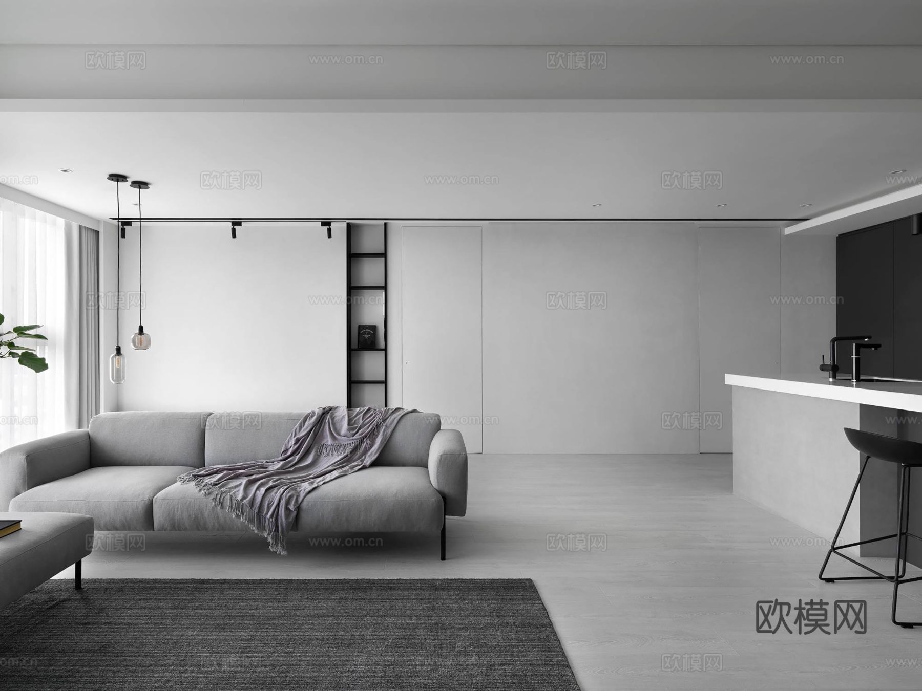 现代极简大平层家装 客厅卧室餐厅 黑白灰高级效果图下载（渲染图2）