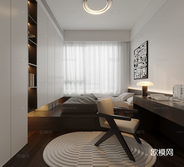 現(xiàn)代極簡大平層家裝設計效果圖 客廳臥室餐廳效果圖下載(渲染圖9)