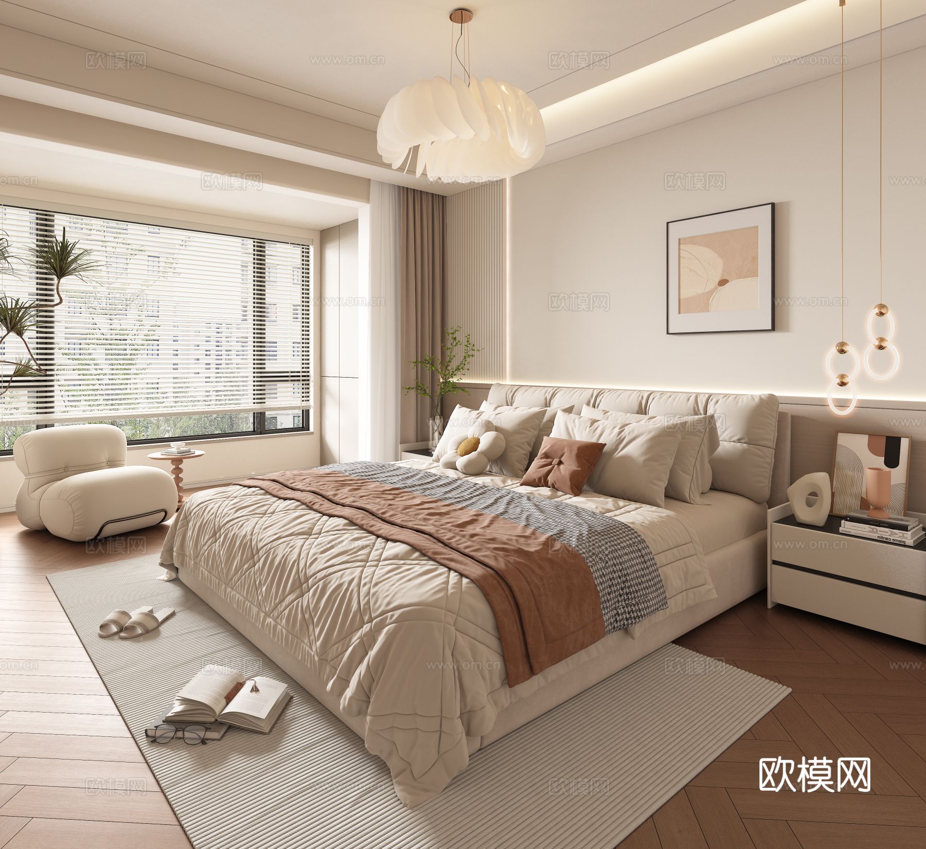 现代奶油风卧室3d模型