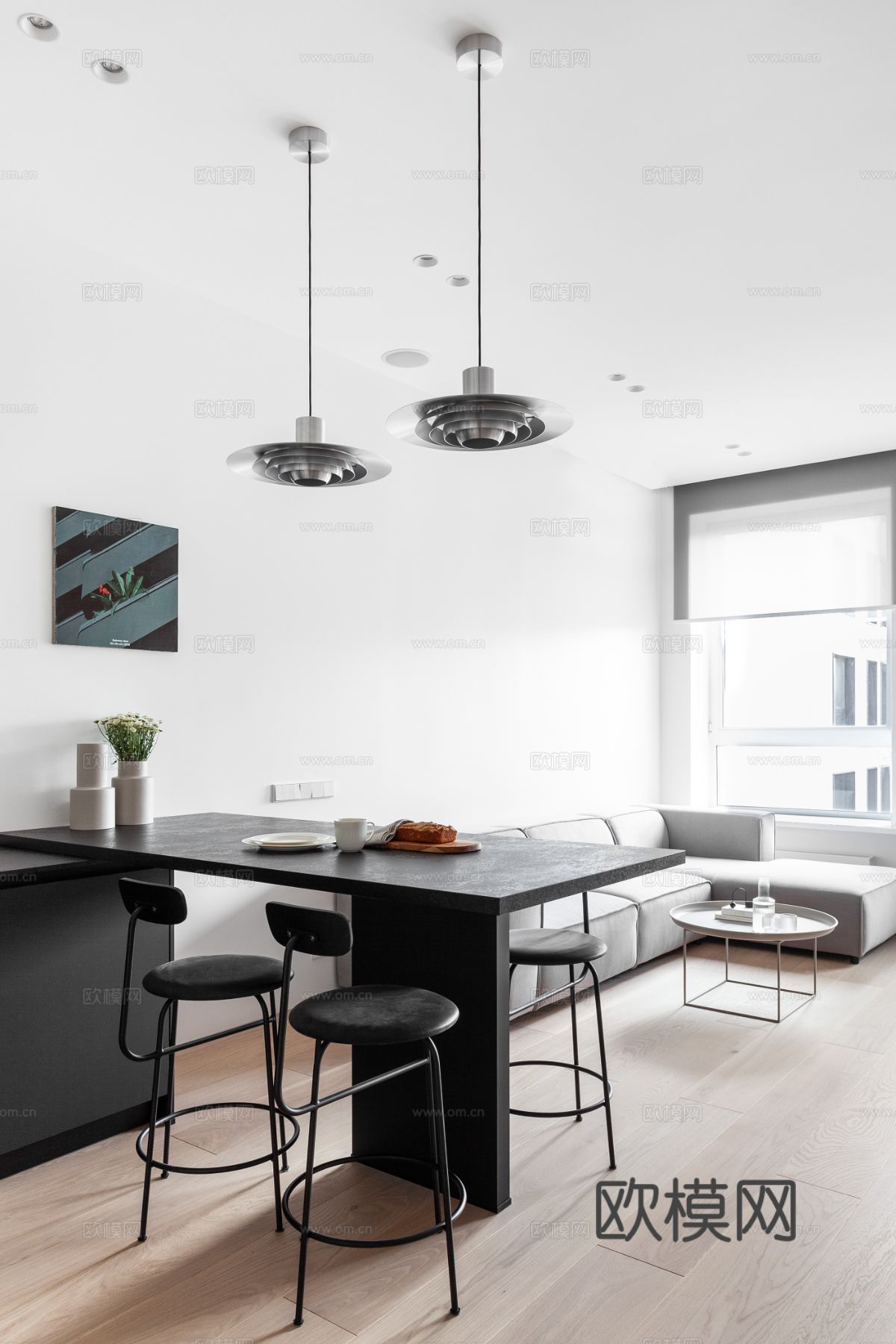 现代极简小公寓设计 客厅卧室 餐厅 高级灰效果图下载（渲染图1）