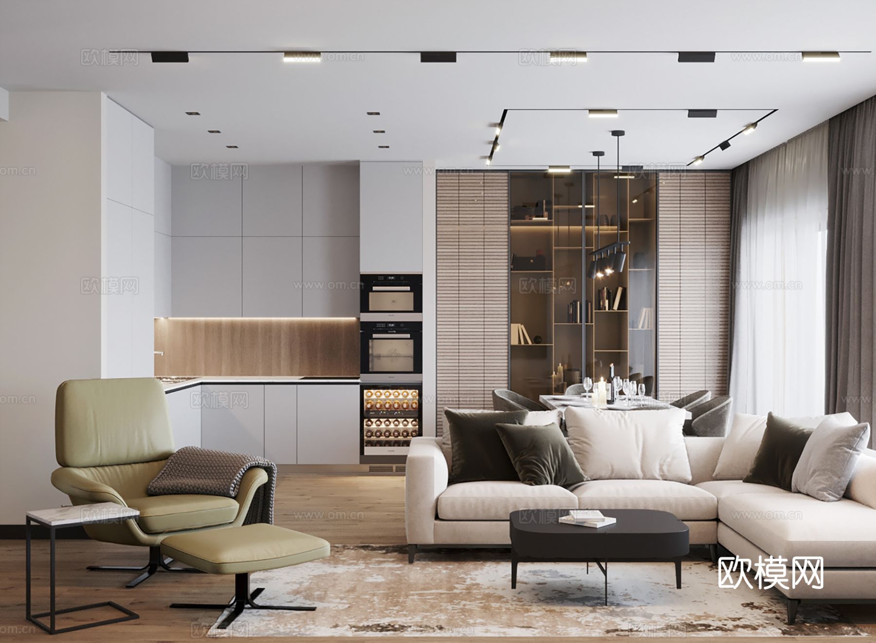 现代极简大平层家装设计 客厅卧室 餐厅 高级灰效果图下载（渲染图1）