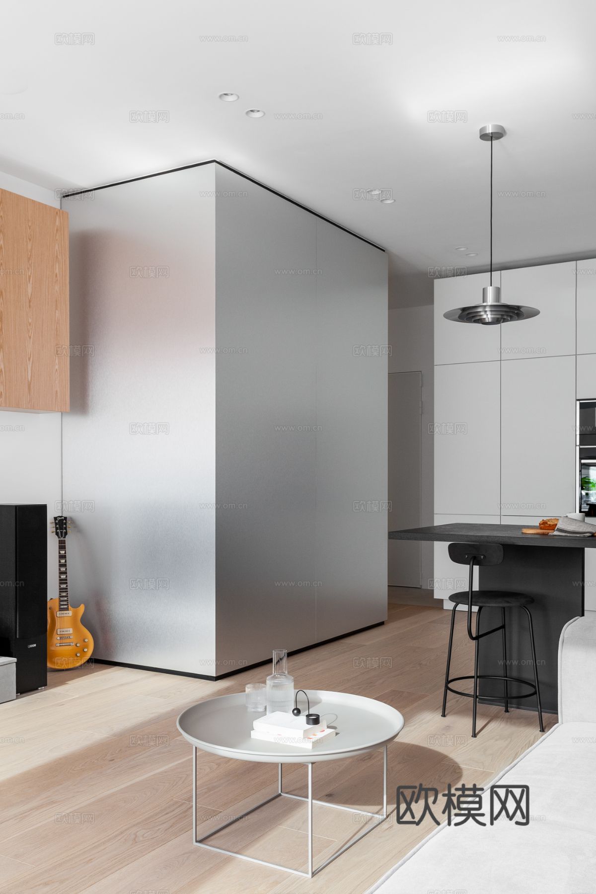现代极简小公寓设计 客厅卧室 餐厅 高级灰效果图下载（渲染图9）