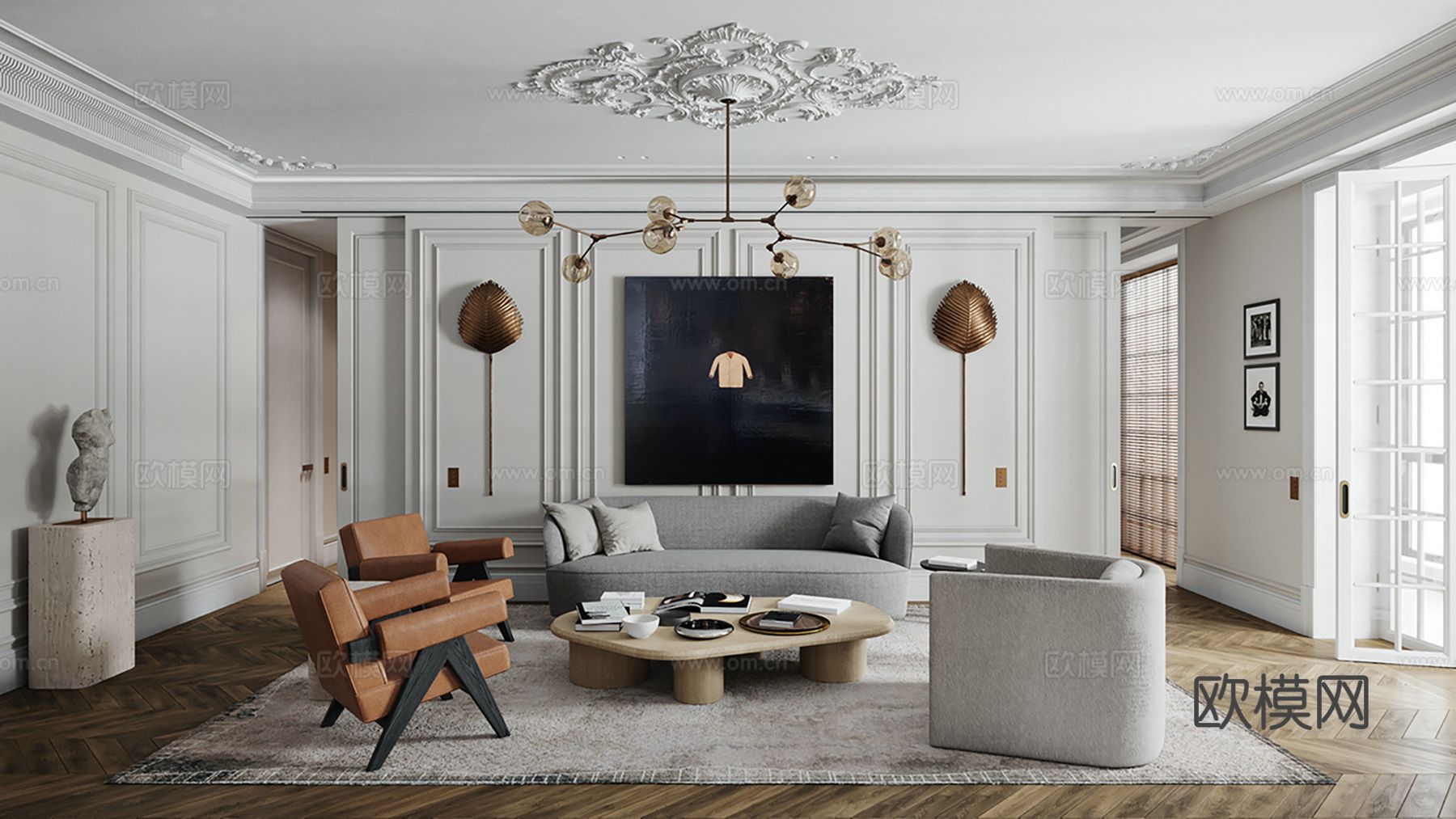 现代极简大平层家装设计 客厅卧室 餐厅 高级灰效果图下载（渲染图1）