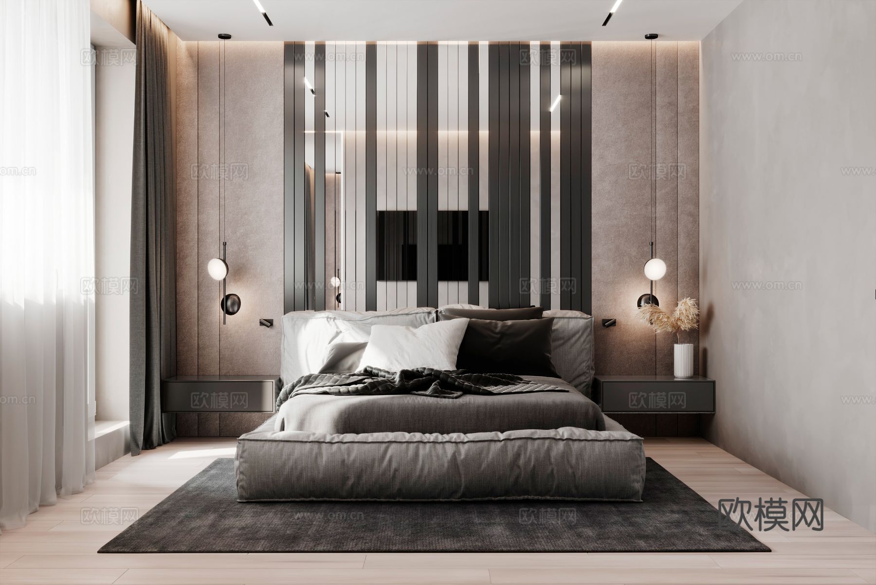 现代极简大平层家装设计卧室客厅 餐厅 黑白灰 工业风效果图下载（渲染图8）