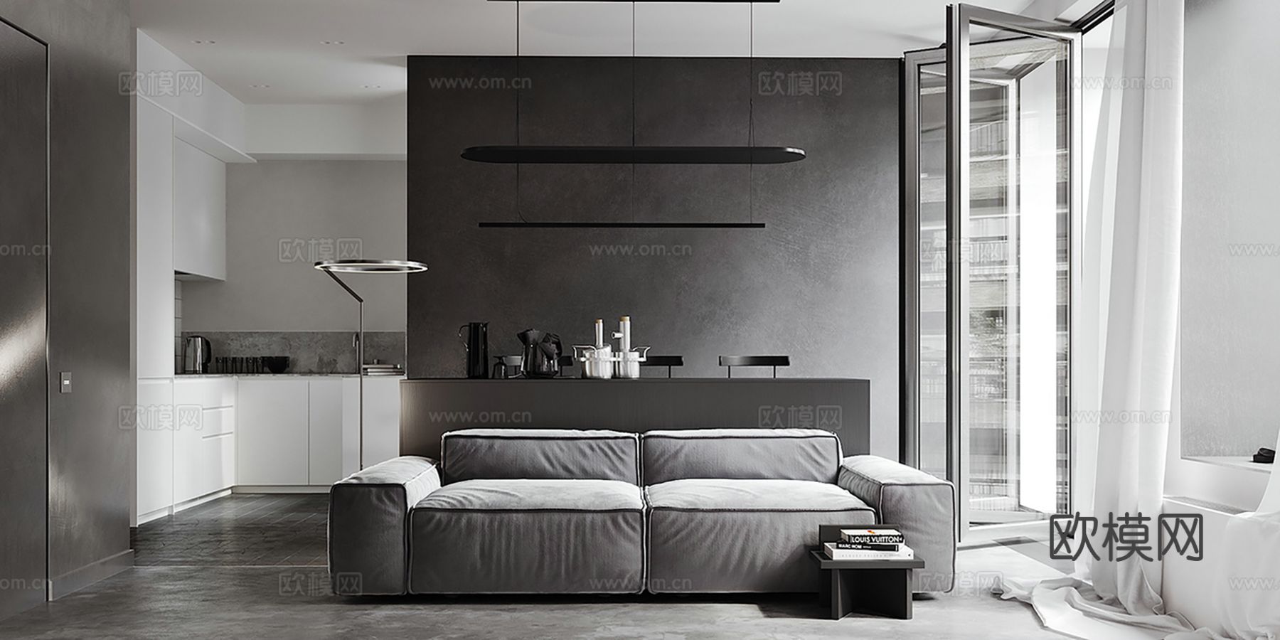 现代极简大平层家装设计 餐厅 卧室 客厅 高级灰效果图下载（渲染图1）