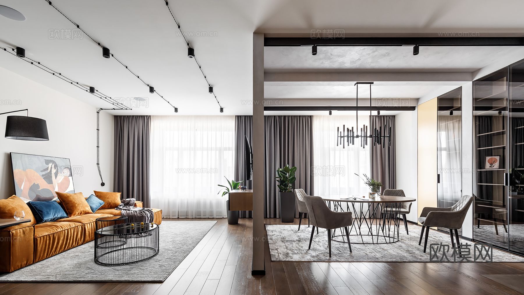 现代极简大平层家装设计 餐厅 卧室 客厅 高级灰效果图下载（渲染图10）