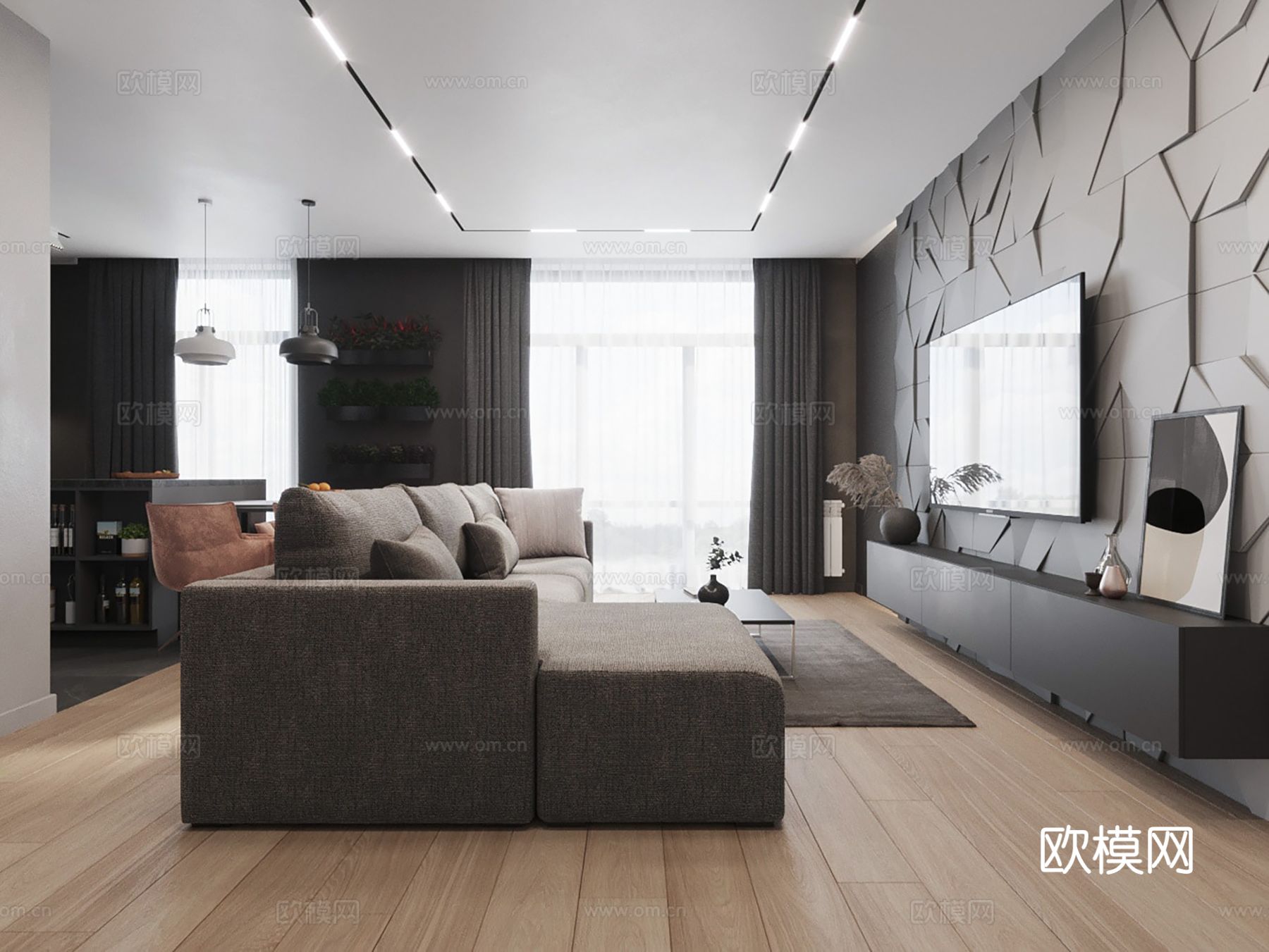 现代极简大平层家装设计 餐厅 卧室 客厅 高级灰效果图下载（渲染图2）
