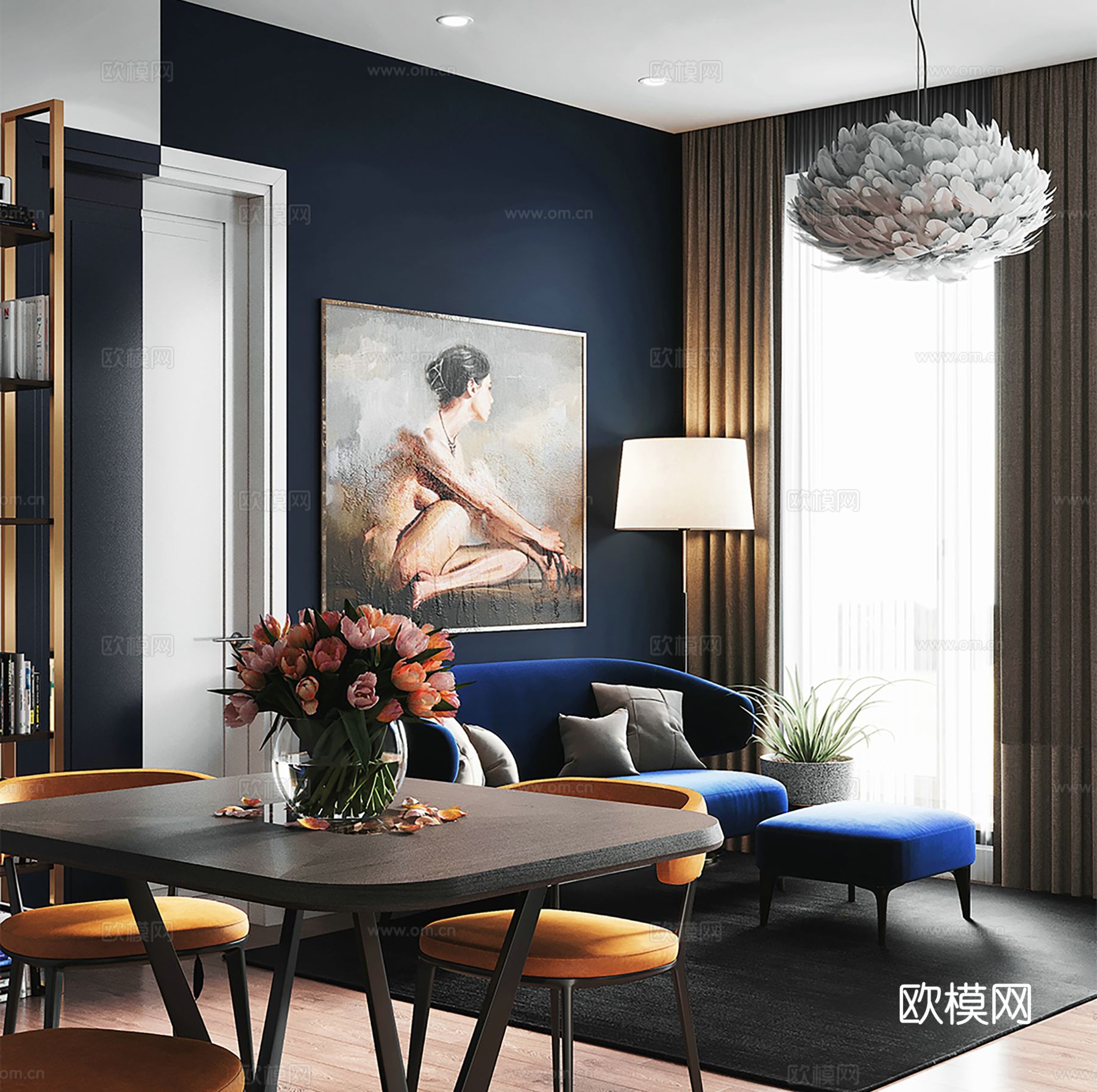 现代极简大平层家装设计 餐厅 卧室 客厅 高级灰效果图下载（渲染图1）