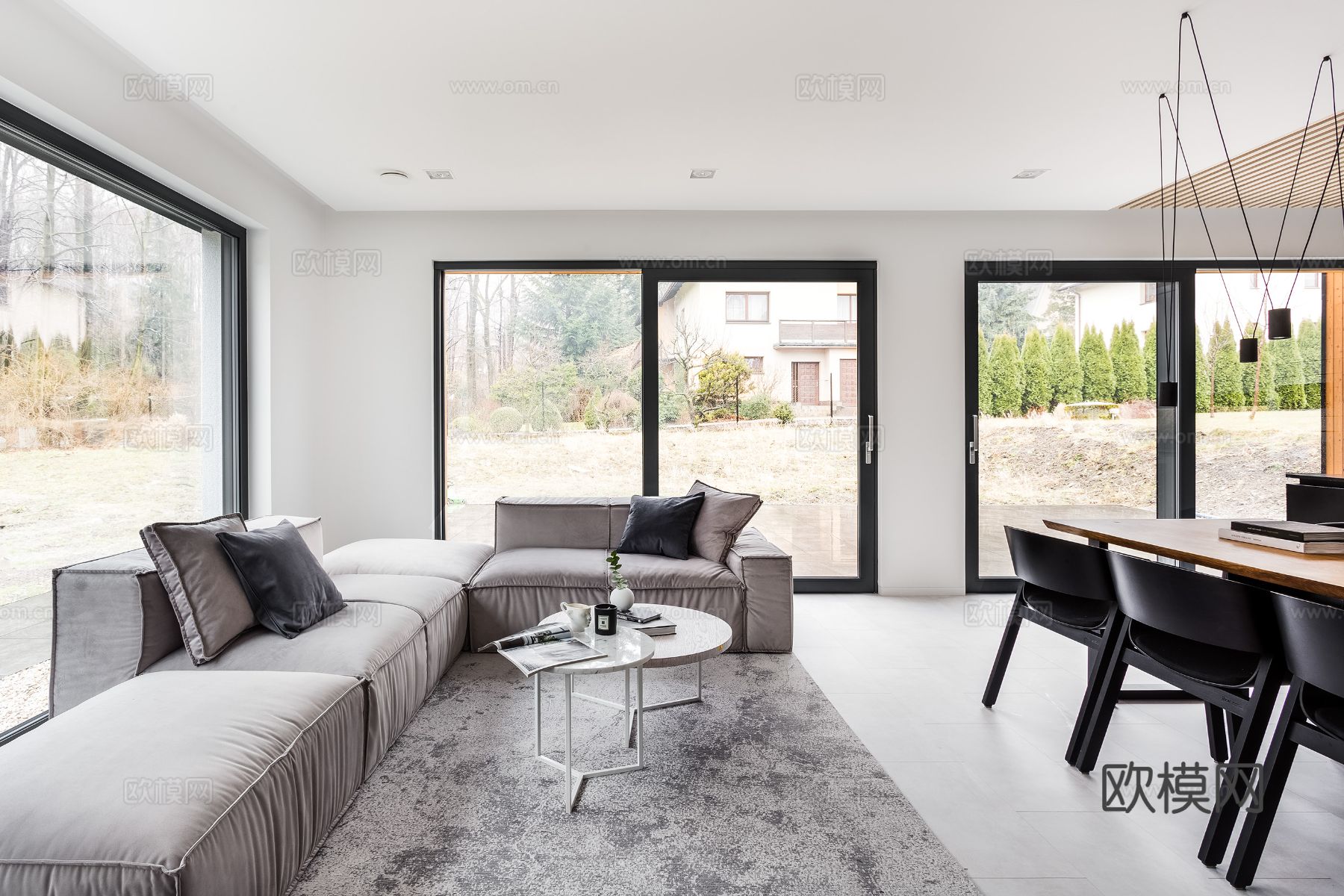 现代极简大平层家装设计 餐厅 卧室 客厅 高级灰效果图效果图下载（渲染图9）