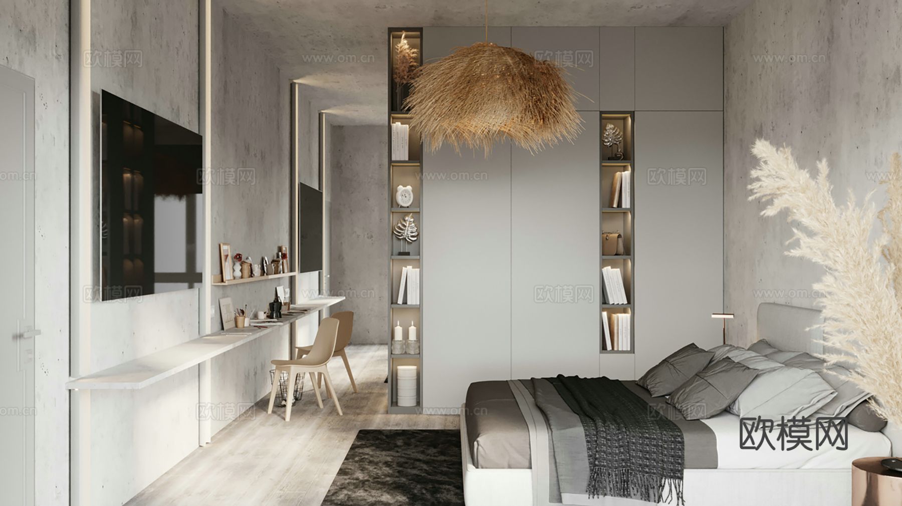 现代极简大平层家装设计 餐厅 卧室 客厅 高级灰效果图下载（渲染图2）