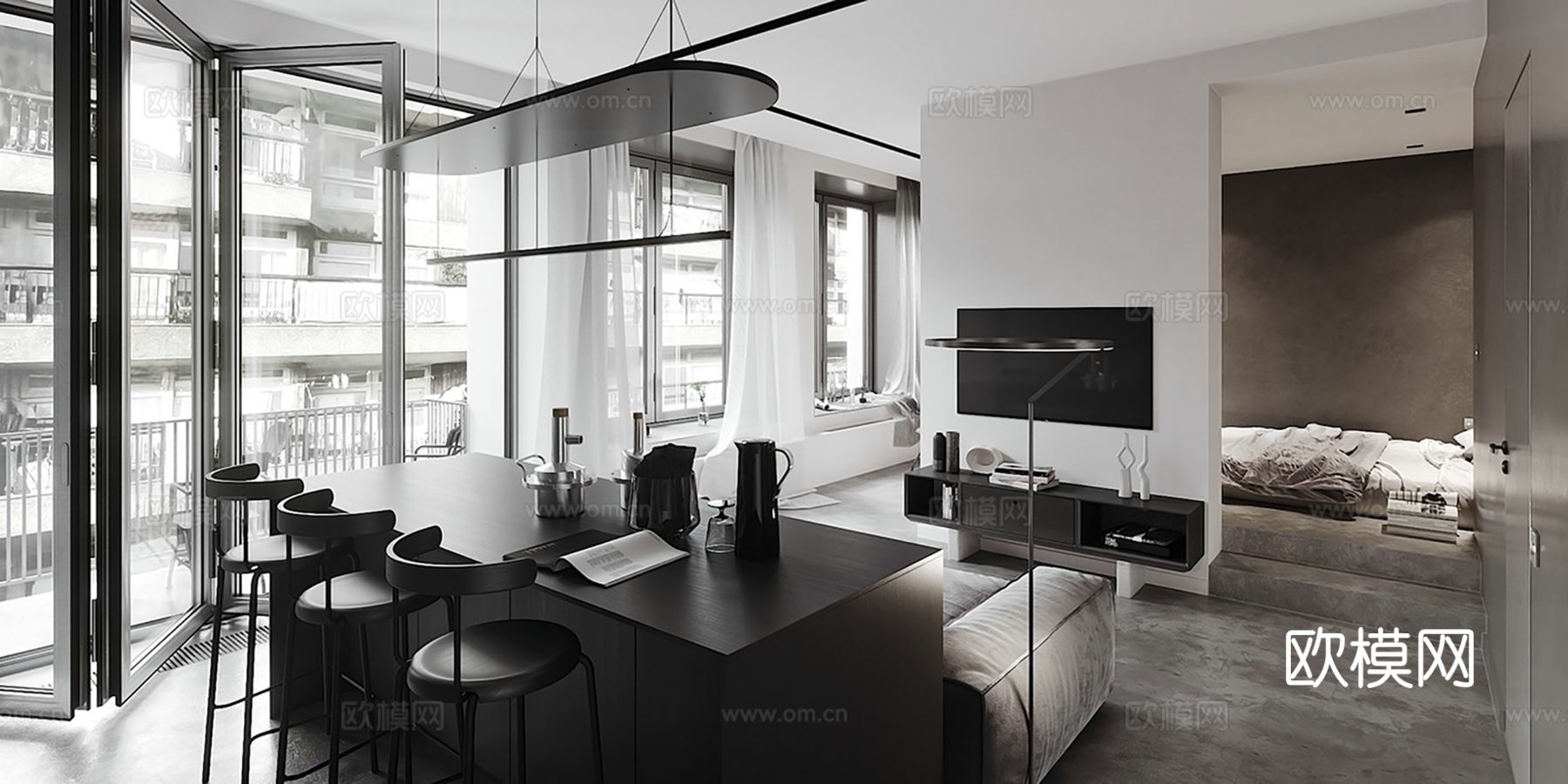 现代极简大平层家装设计 餐厅 卧室 客厅 高级灰效果图下载（渲染图4）