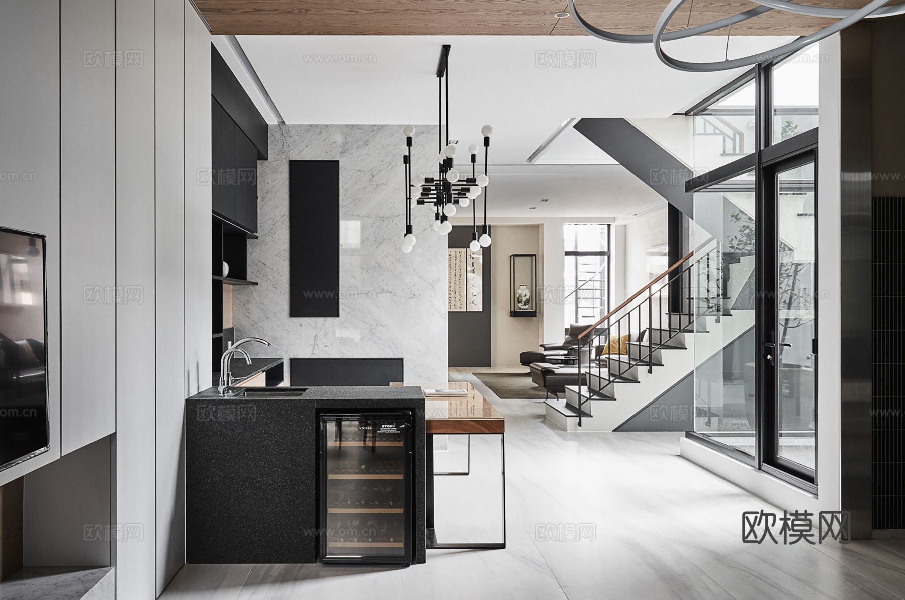 现代极简复式公寓家装设计 餐厅 卧室 客厅 高级灰效果图下载（渲染图2）