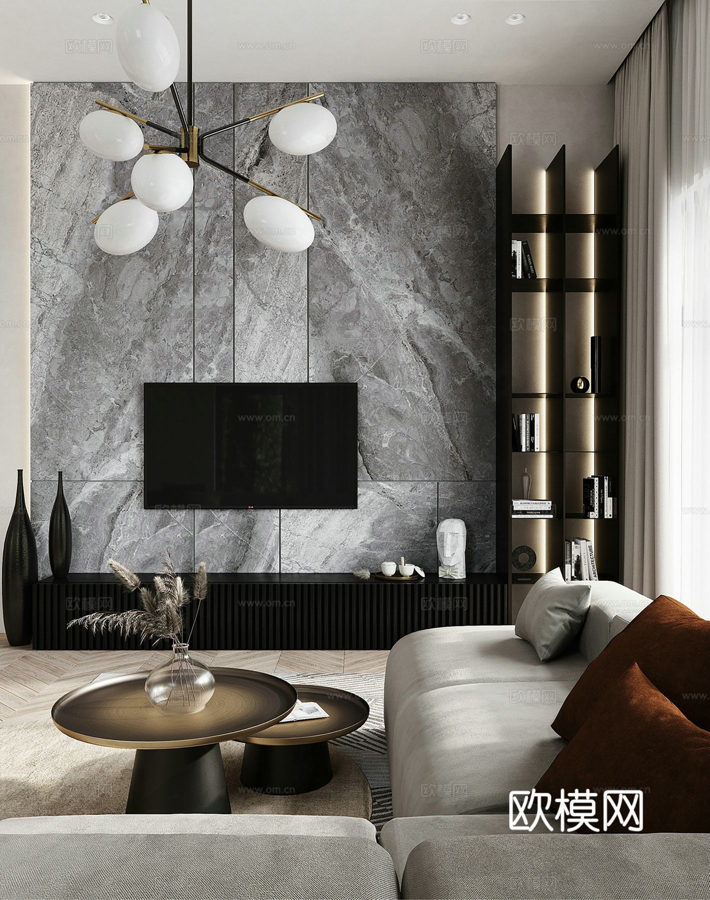 现代极简大平层家装设计 餐厅 卧室 客厅 高级灰效果图下载（渲染图6）