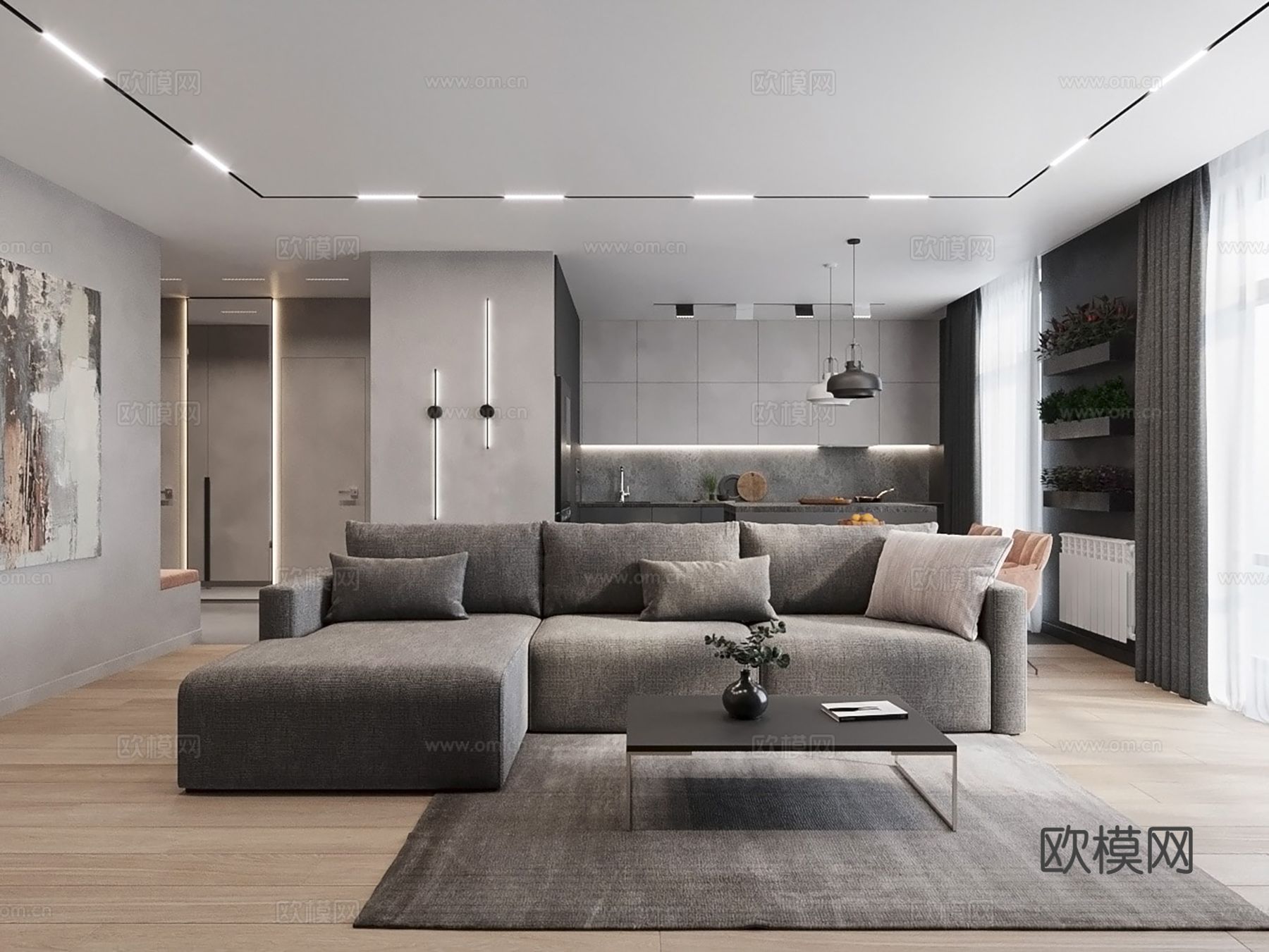 现代极简大平层家装设计 餐厅 卧室 客厅 高级灰效果图下载（渲染图1）
