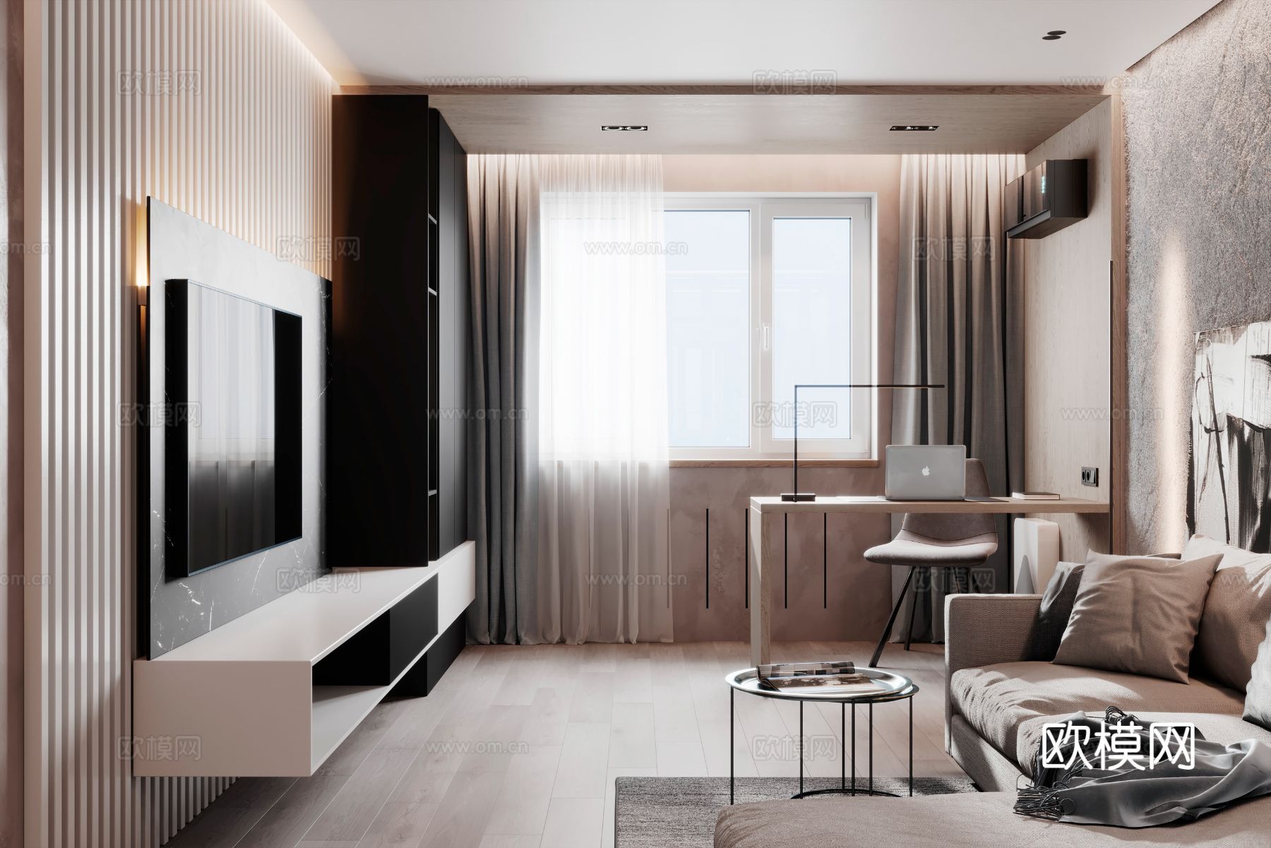 现代极简大平层家装设计卧室客厅 餐厅 黑白灰 工业风效果图下载（渲染图4）