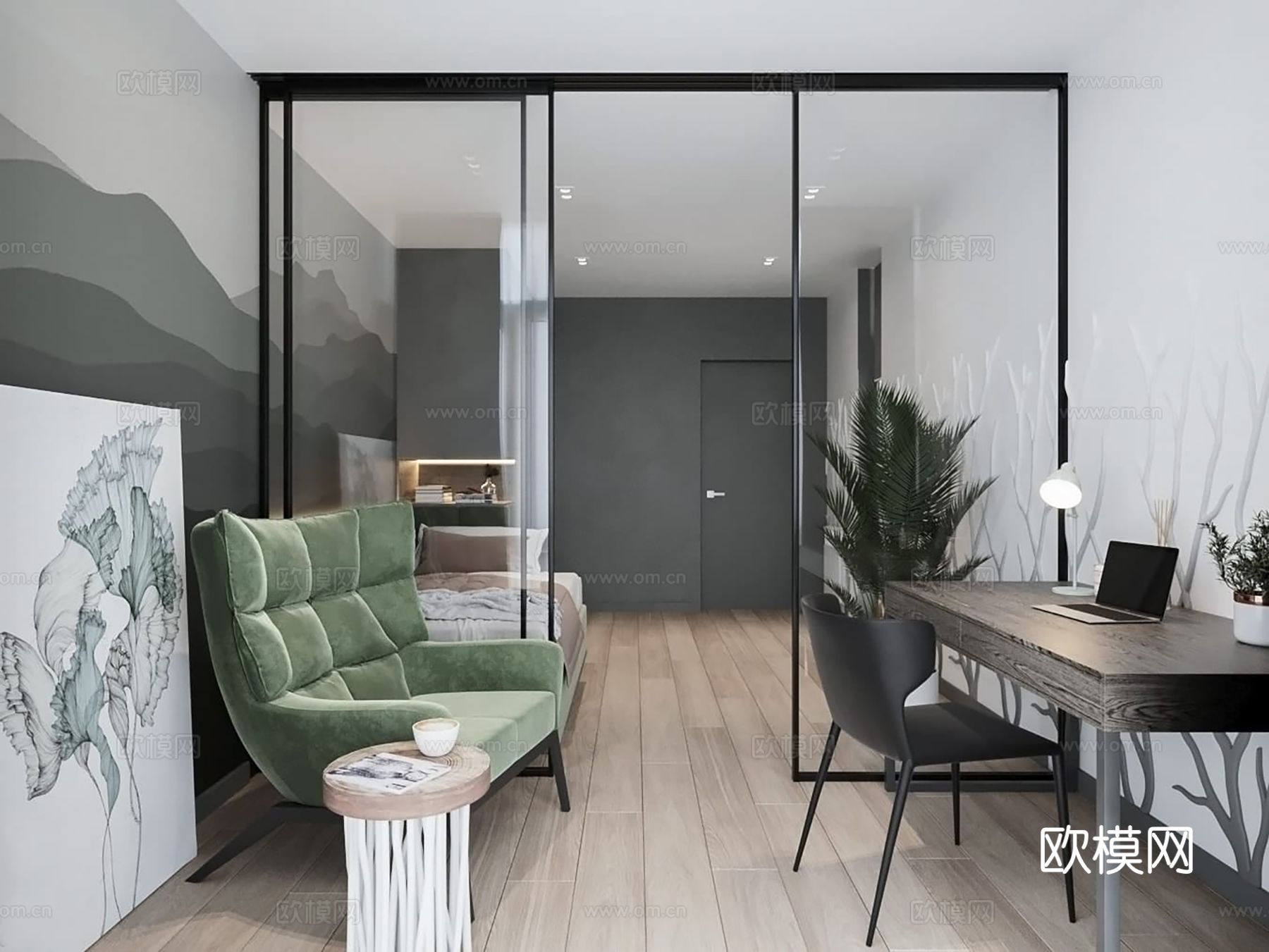 现代极简大平层家装设计 餐厅 卧室 客厅 高级灰效果图下载（渲染图7）