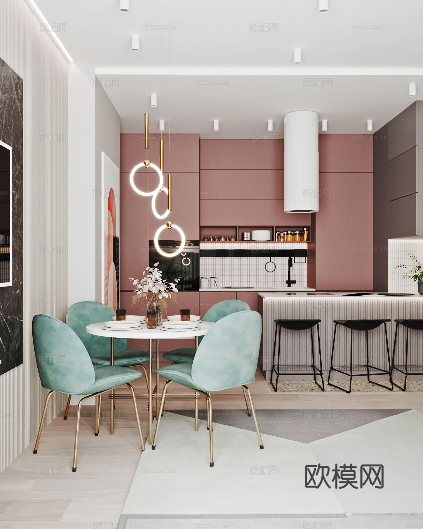 现代极简大平层家装设计 餐厅 卧室 客厅 糖果色奶油风效果图下载（渲染图1）