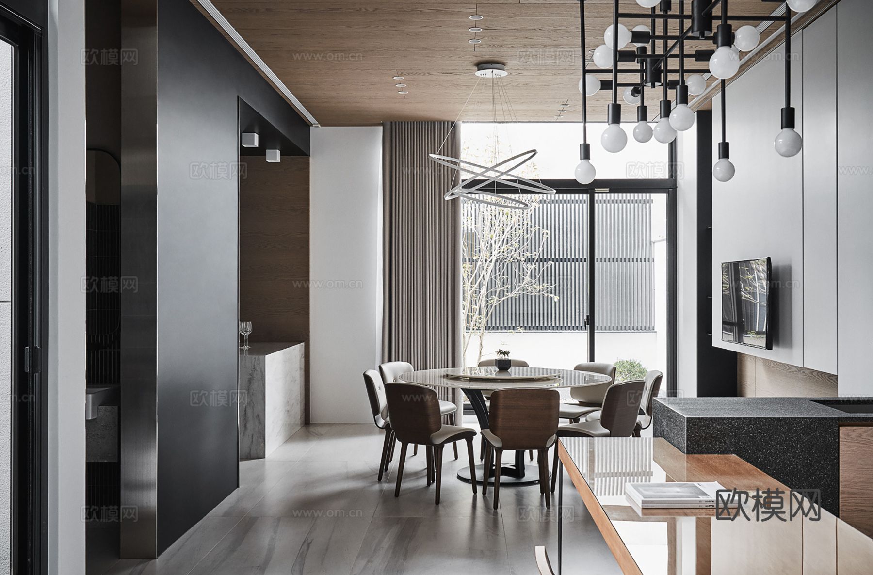 现代极简复式公寓家装设计 餐厅 卧室 客厅 高级灰效果图下载（渲染图3）