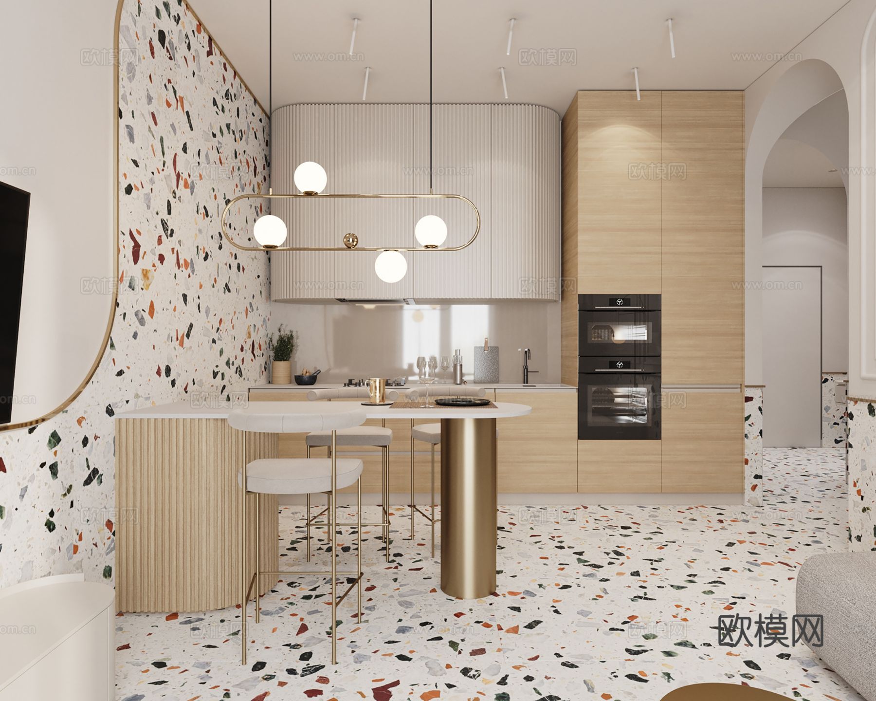 现代极简公寓家装设计 餐厅 卧室 客厅 高级灰效果图下载（渲染图1）