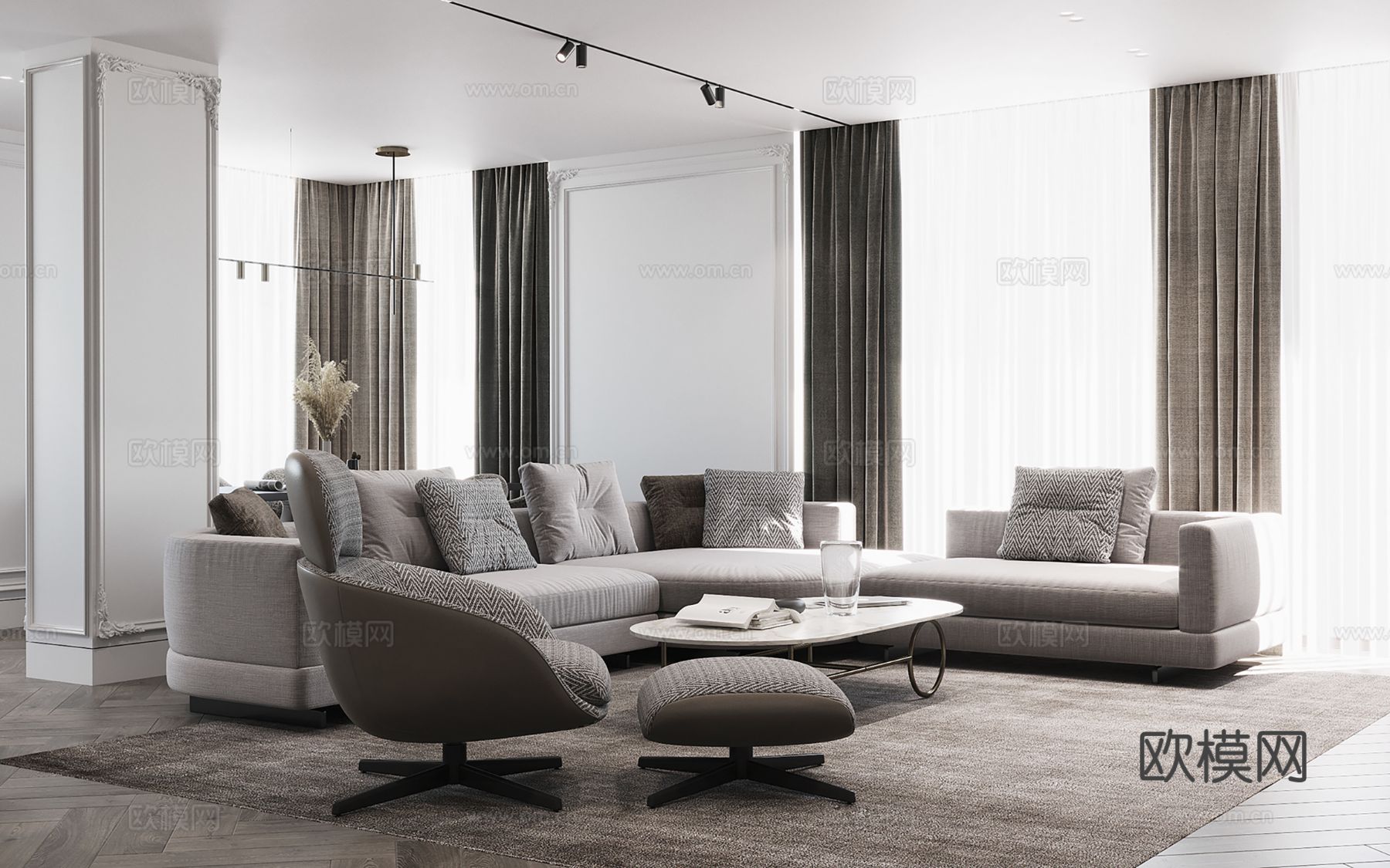 现代极简大平层家装设计 餐厅 卧室 客厅 高级灰效果图下载（渲染图2）