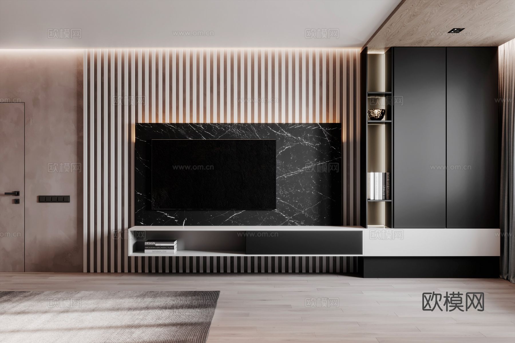 现代极简大平层家装设计卧室客厅 餐厅 黑白灰 工业风效果图下载（渲染图5）