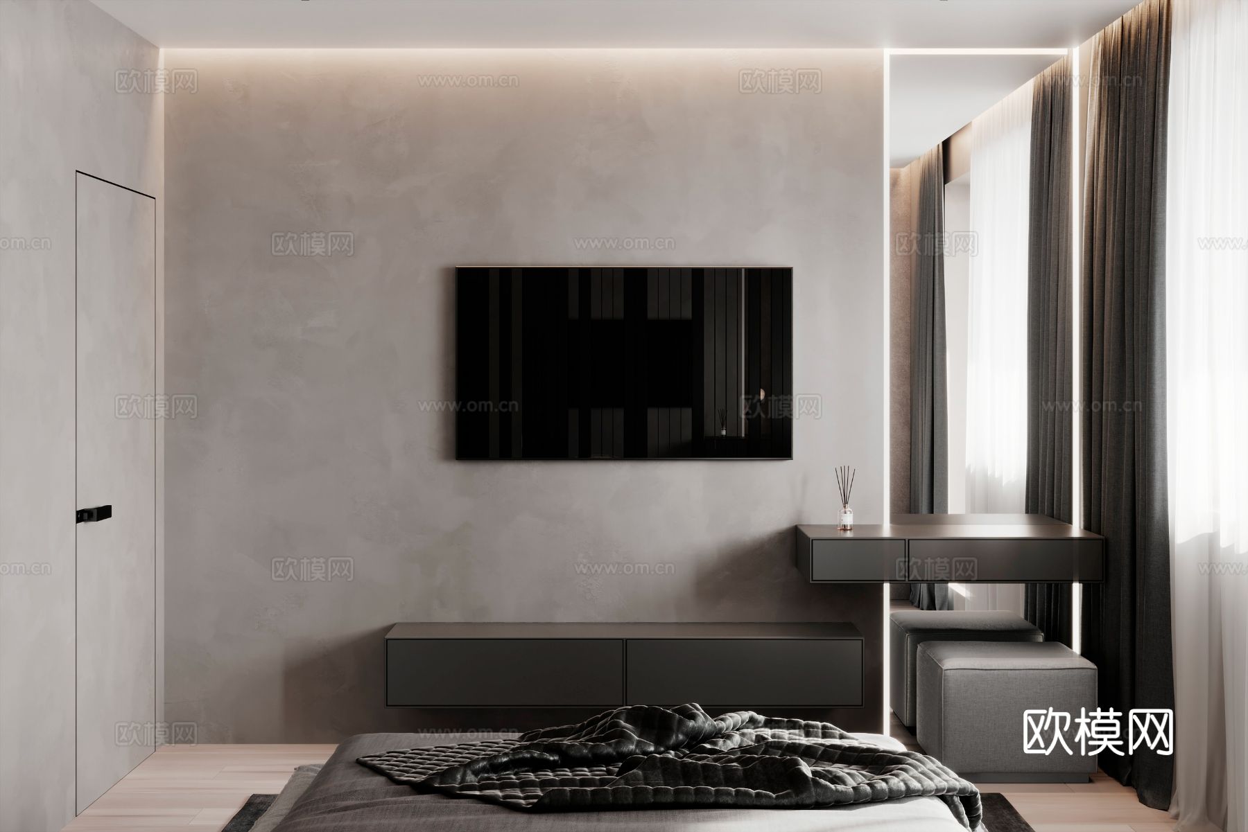 现代极简大平层家装设计卧室客厅 餐厅 黑白灰 工业风效果图下载（渲染图6）